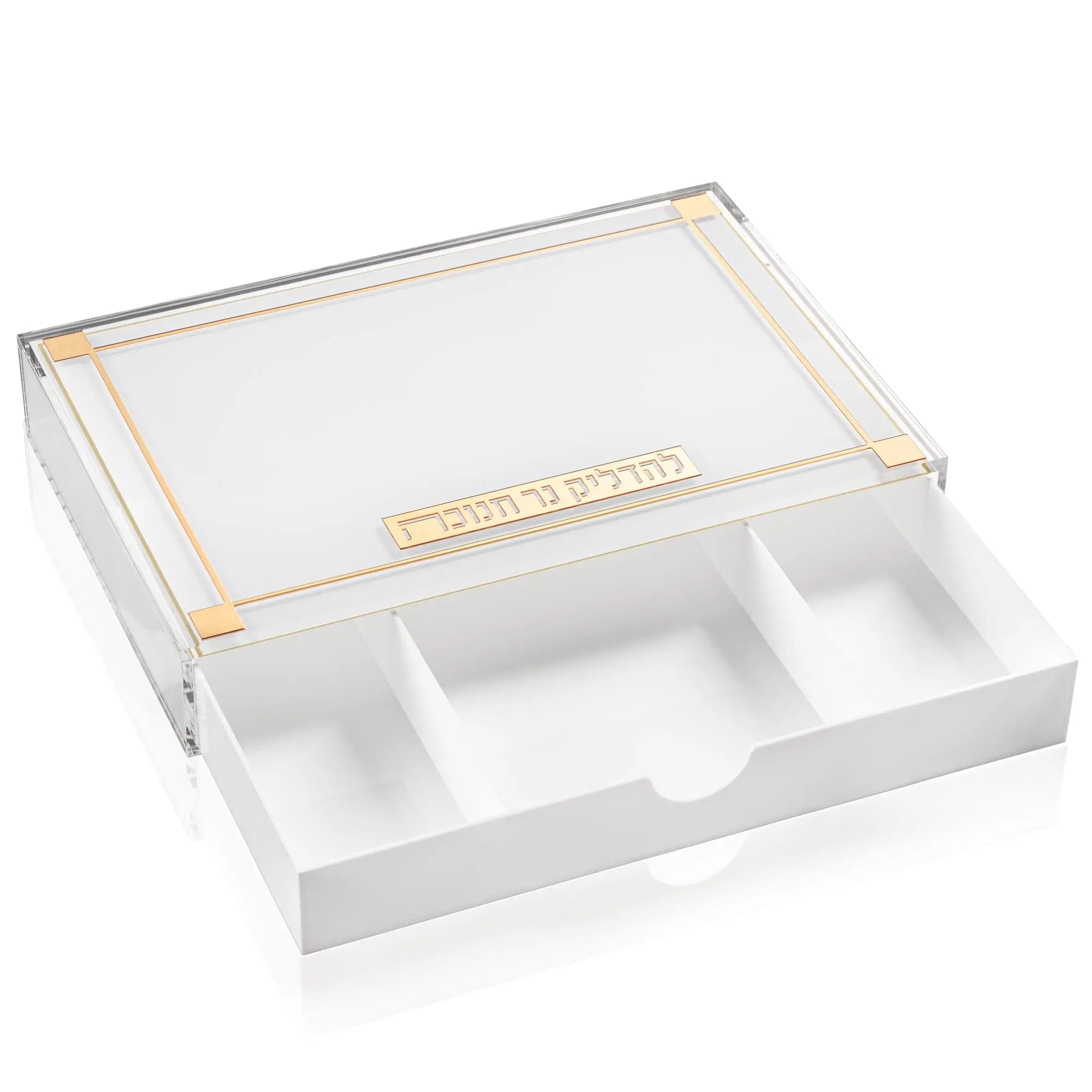 Classic 2.0 Menorah Tray with white drawer compartment and gold trim detail, ideal for Chanukah holiday storage and display.
