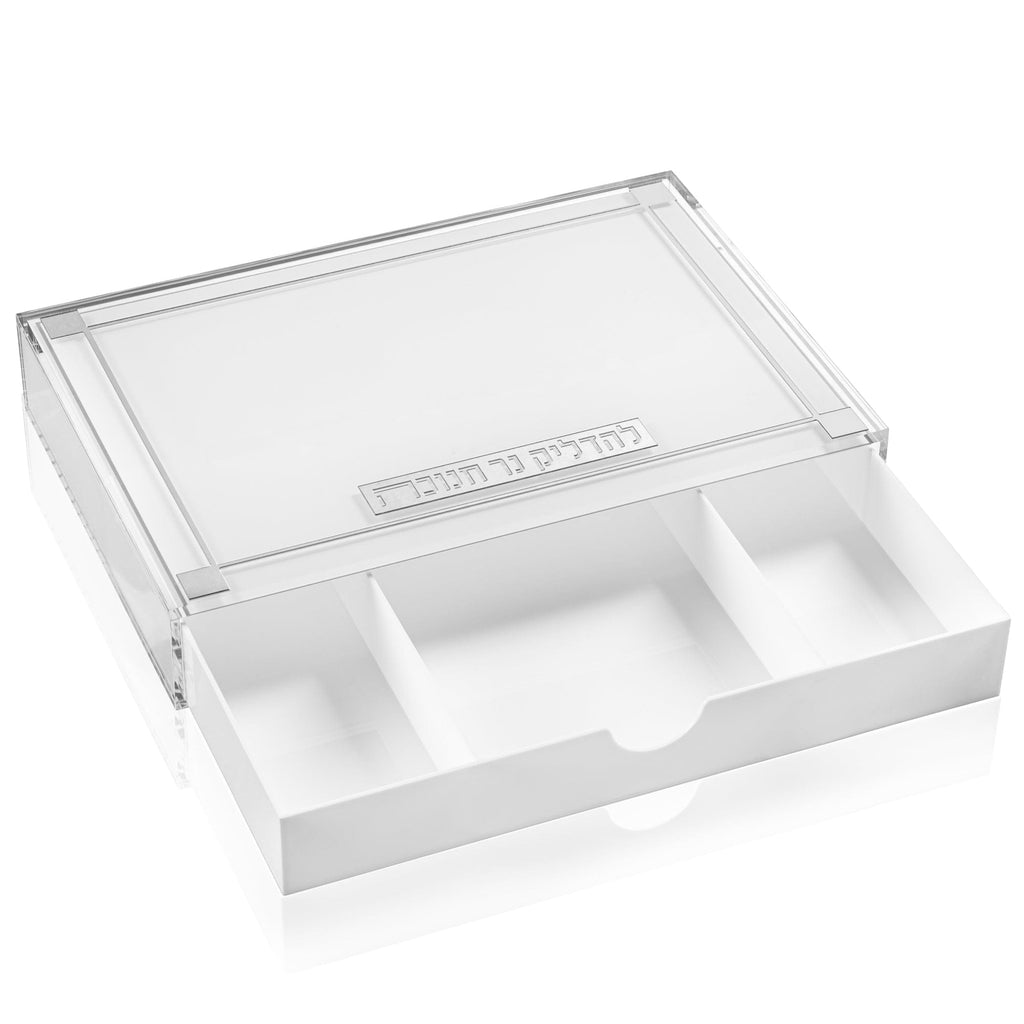 Classic 2.0 Menorah Tray with Drawer featuring sleek acrylic design with built-in storage compartment, modern Chanukah candle lighting tray with organized space for candles and accessories.