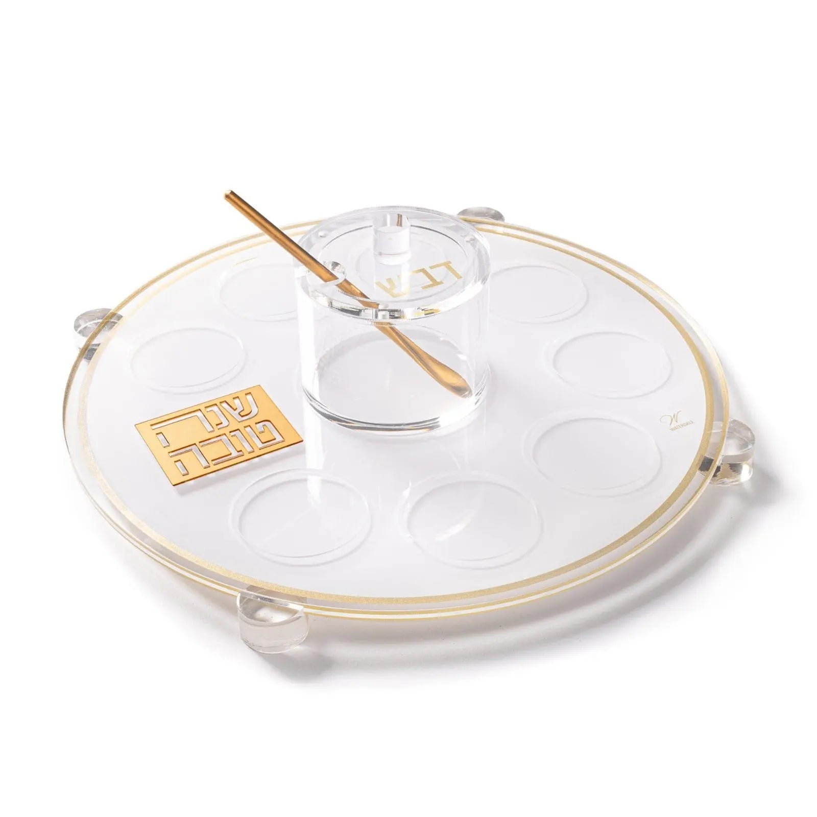 Classic 2.0 Simanim Tray with white compartments, gold accents, and wooden spoon on cream-colored base for Passover seder.