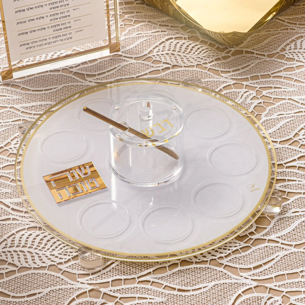 Classic 2.0 Simanim Tray in white ceramic with gold accents, featuring compartments for Passover seder plate items