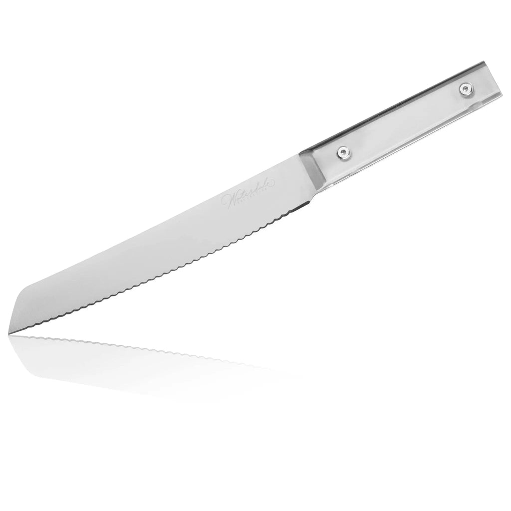 Waterdale Collection classic bread knife with serrated stainless steel blade and metallic handle, displayed at an angle.