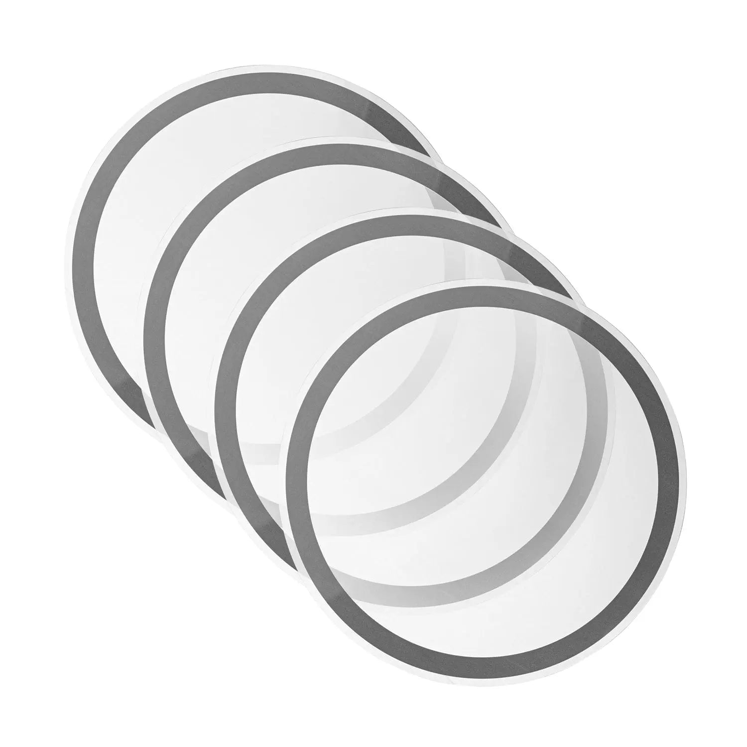 Classic Chargers with silver border rings stacked together, showing the nested design of these elegant table chargers for formal dining settings.