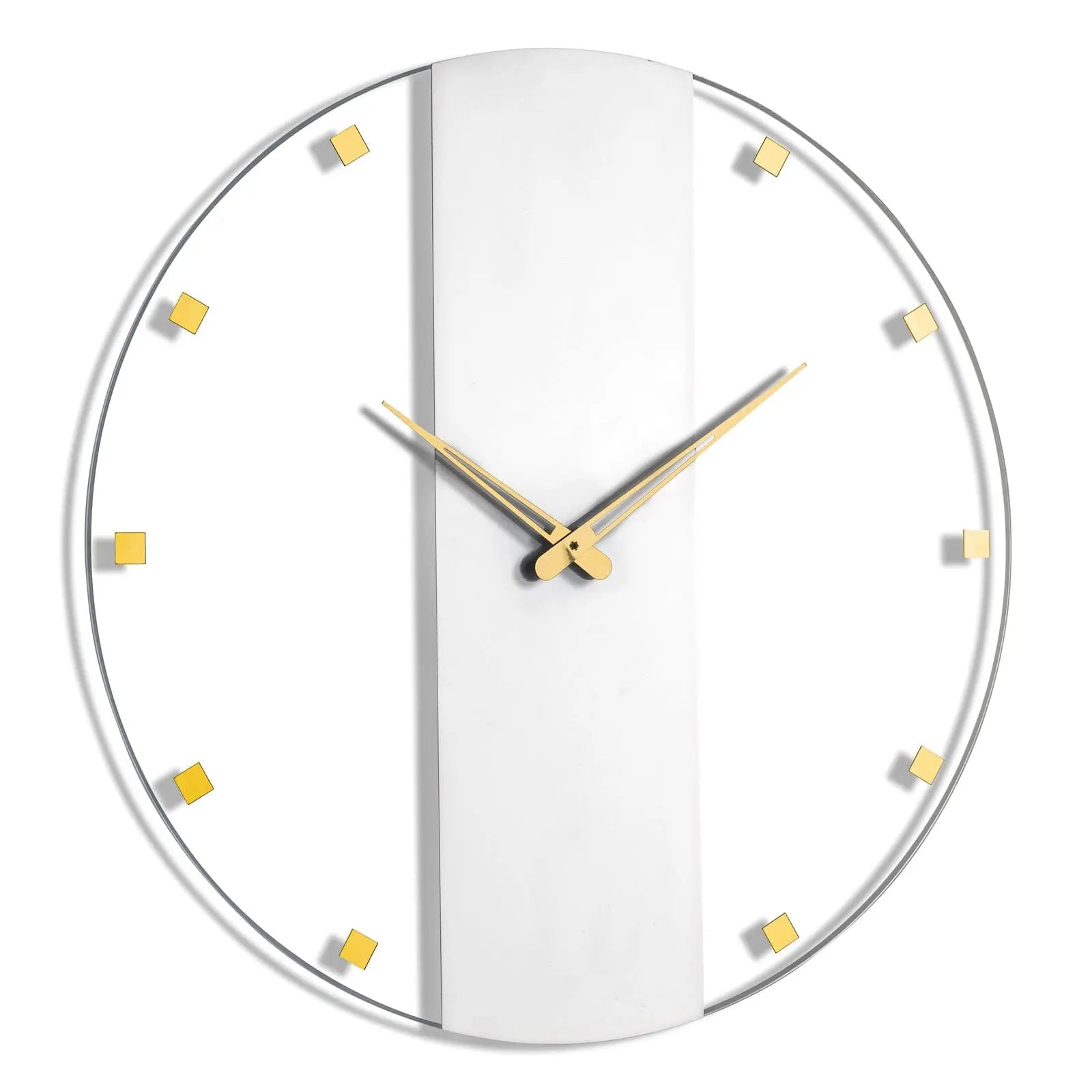 Classic wall clock with white face, gold hour markers, and metal hands against a minimalist design perfect for modern home decor.
