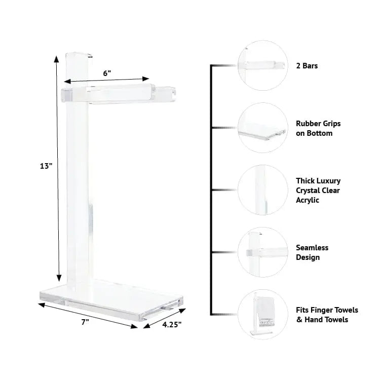 Classic Finger Towel Stand by Waterdale Collection in clear acrylic with dimensions and feature callouts shown for bathroom vanity or guest towel storage.