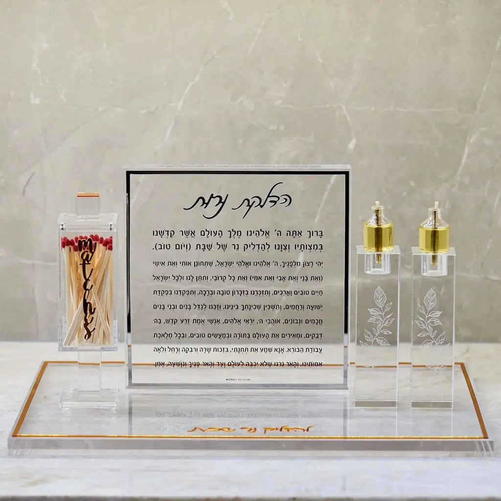 Classic Hadlokas Neiros block with marble base, gold candlesticks, prayer card, and flower arrangement for candle lighting ceremonies.