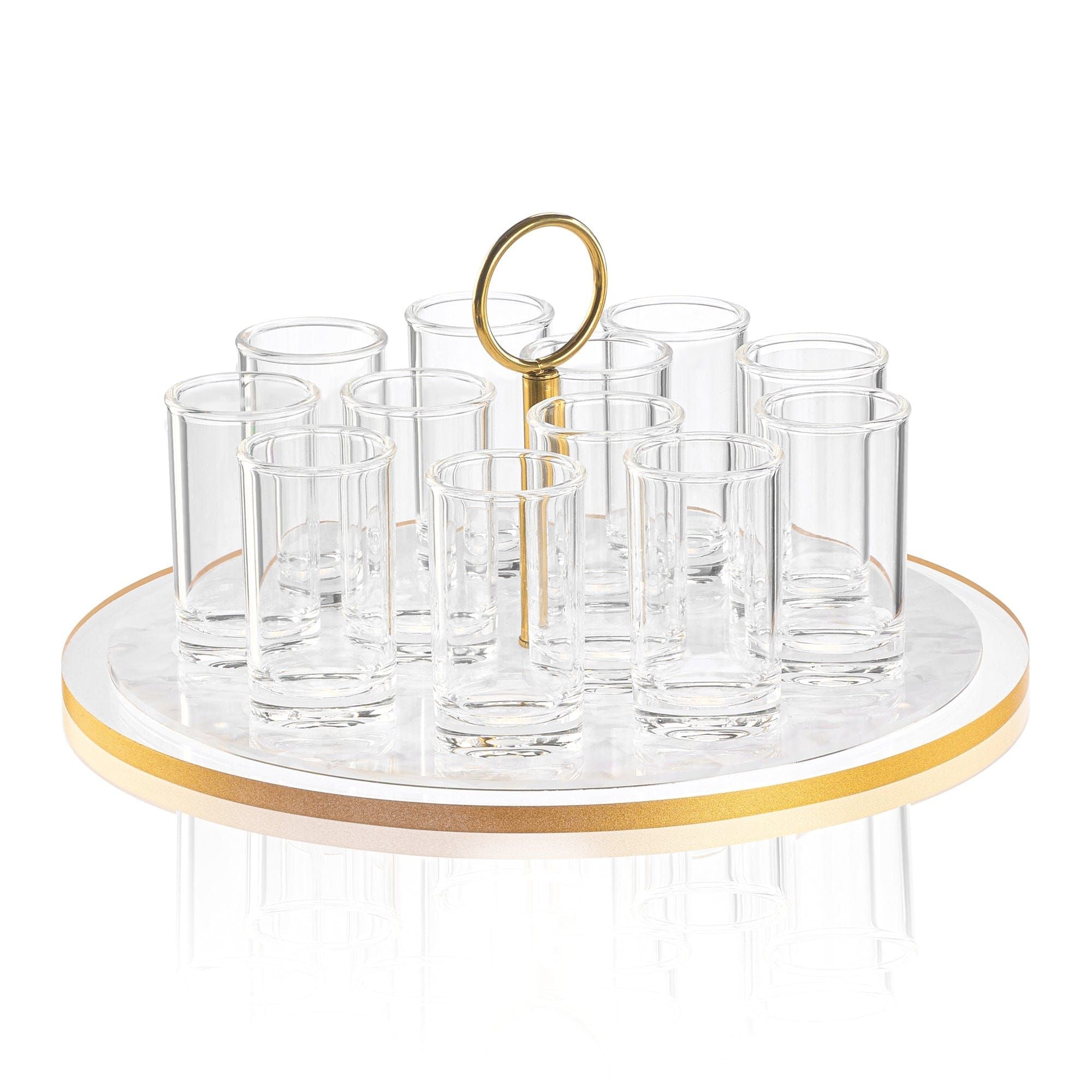 Classic Pearlstone liquor set with clear round stand, gold accents, and multiple shot glasses, elegant barware for entertaining | Waterdale Collection