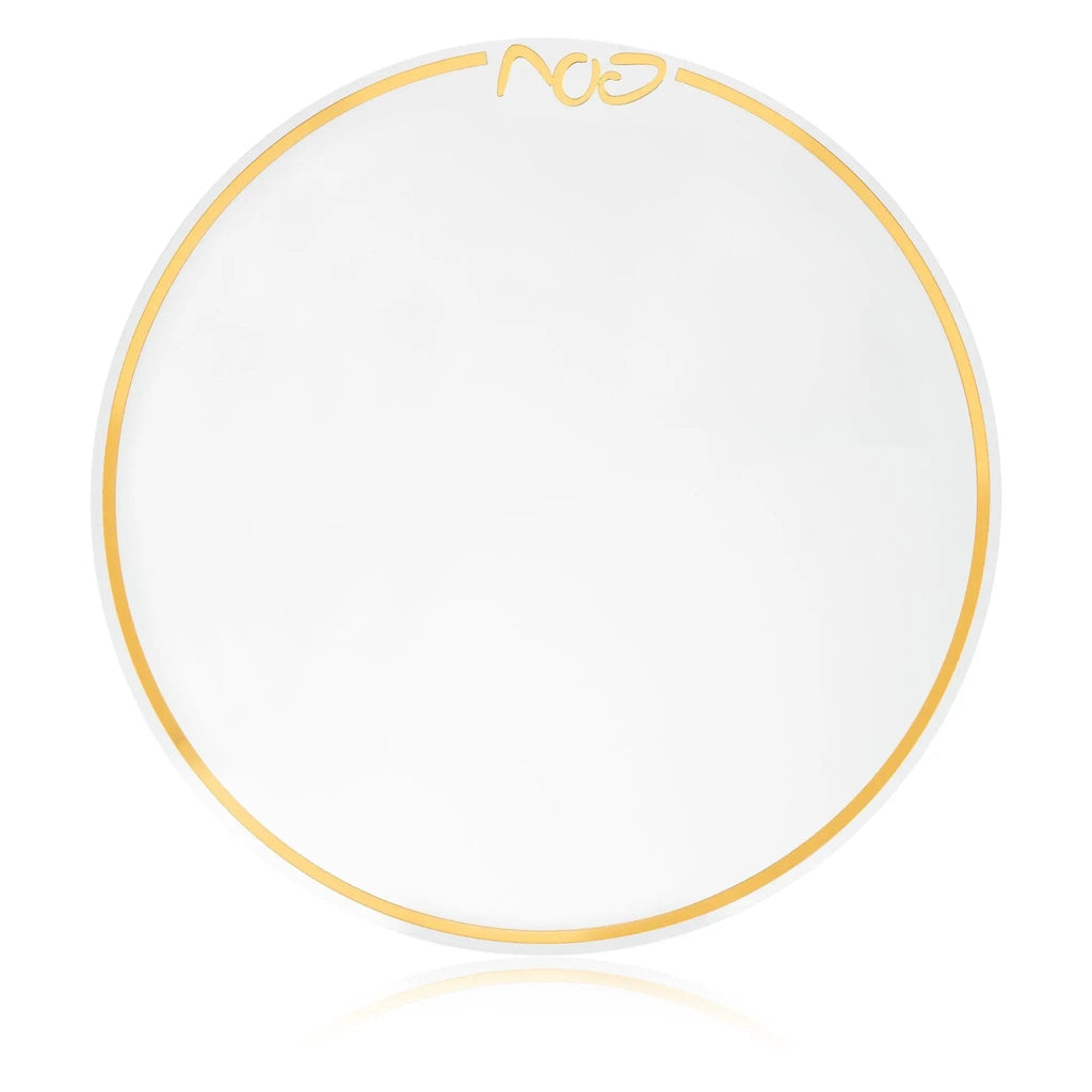 Classic Pesach Charger with gold border and white center, elegant table charger for holiday dining by Waterdale Collection.
