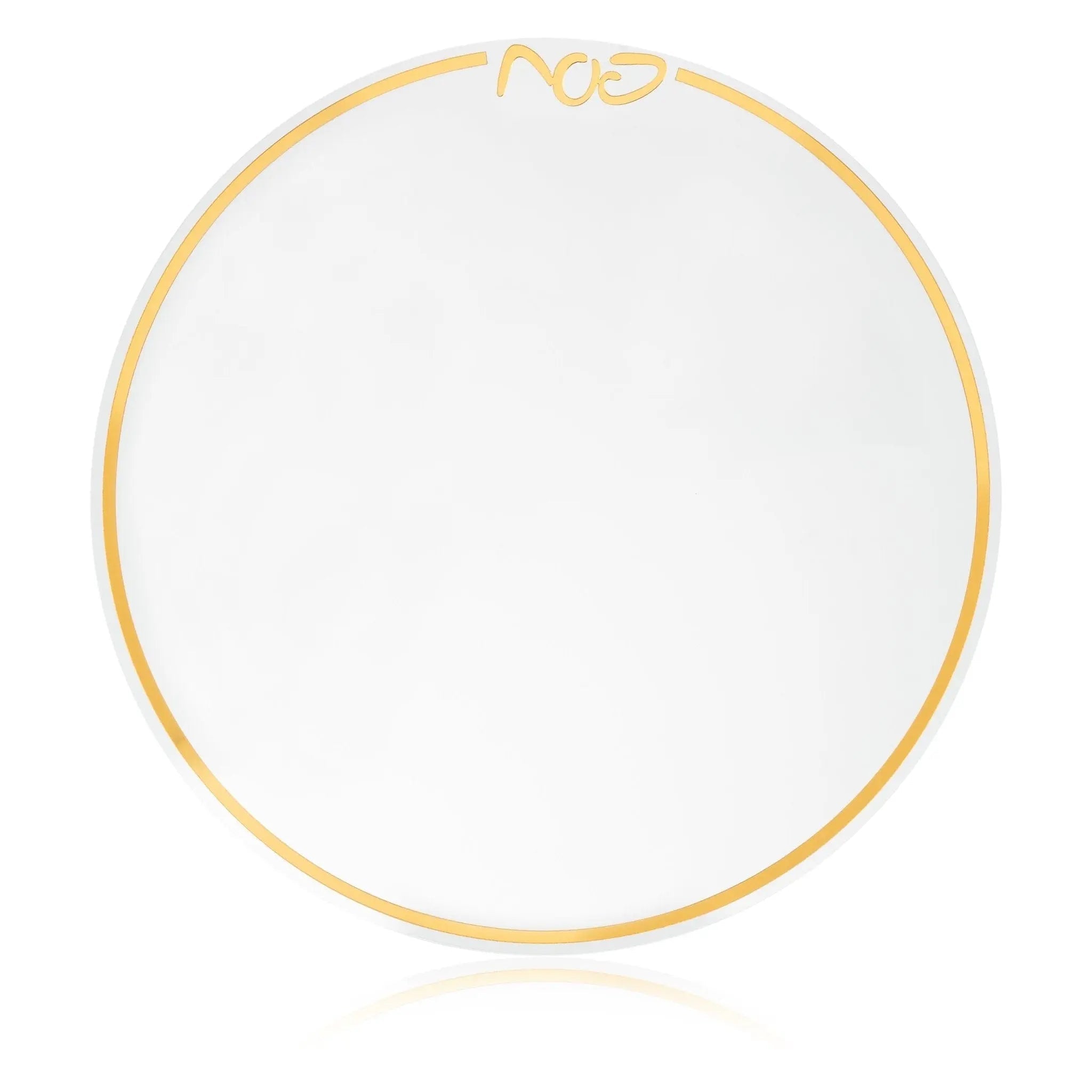 Classic Pesach Charger with gold border and white center, elegant table charger for holiday dining by Waterdale Collection.