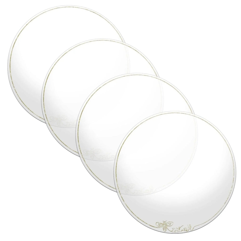 Classic Rosh Hashana silver charger plates arranged in a set, featuring elegant white ceramic design with subtle border detailing for holiday table settings.