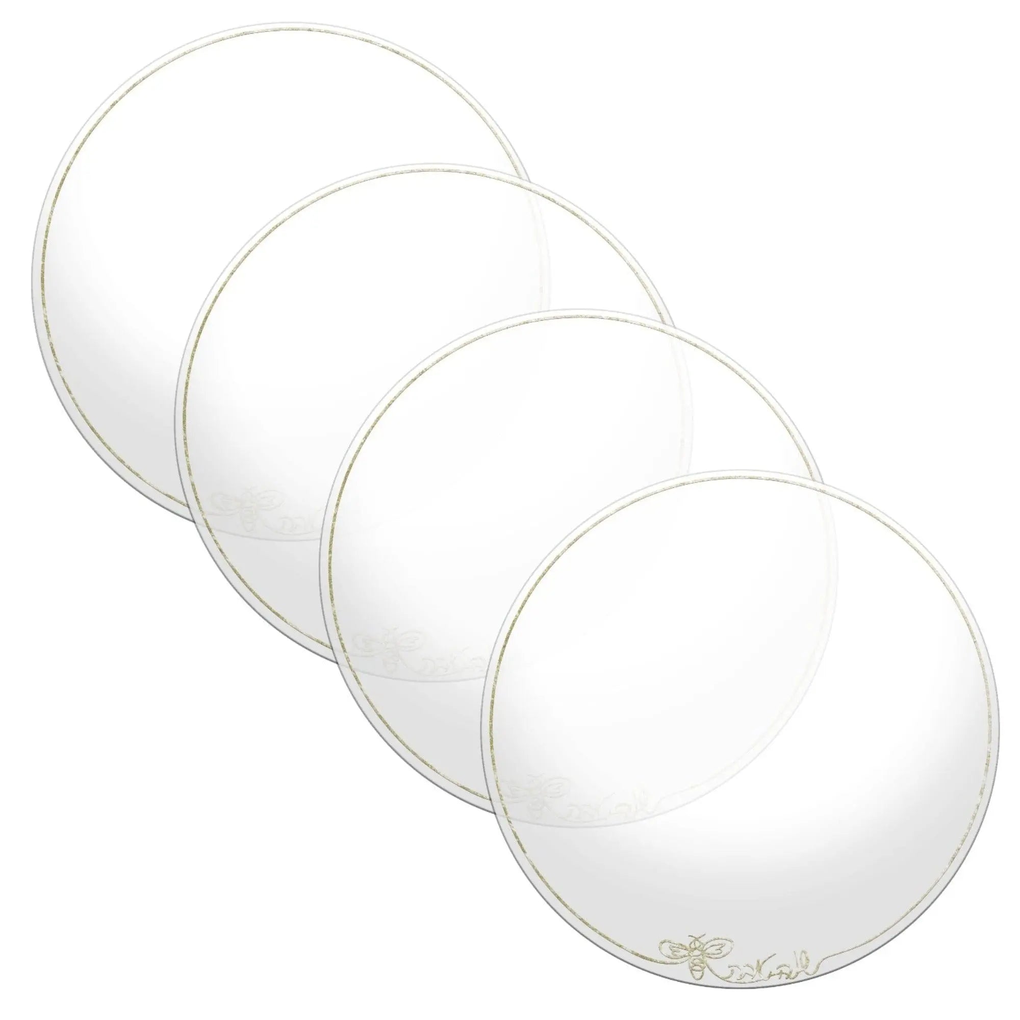 Classic Rosh Hashana silver charger plates arranged in a set, featuring elegant white ceramic design with subtle border detailing for holiday table settings.