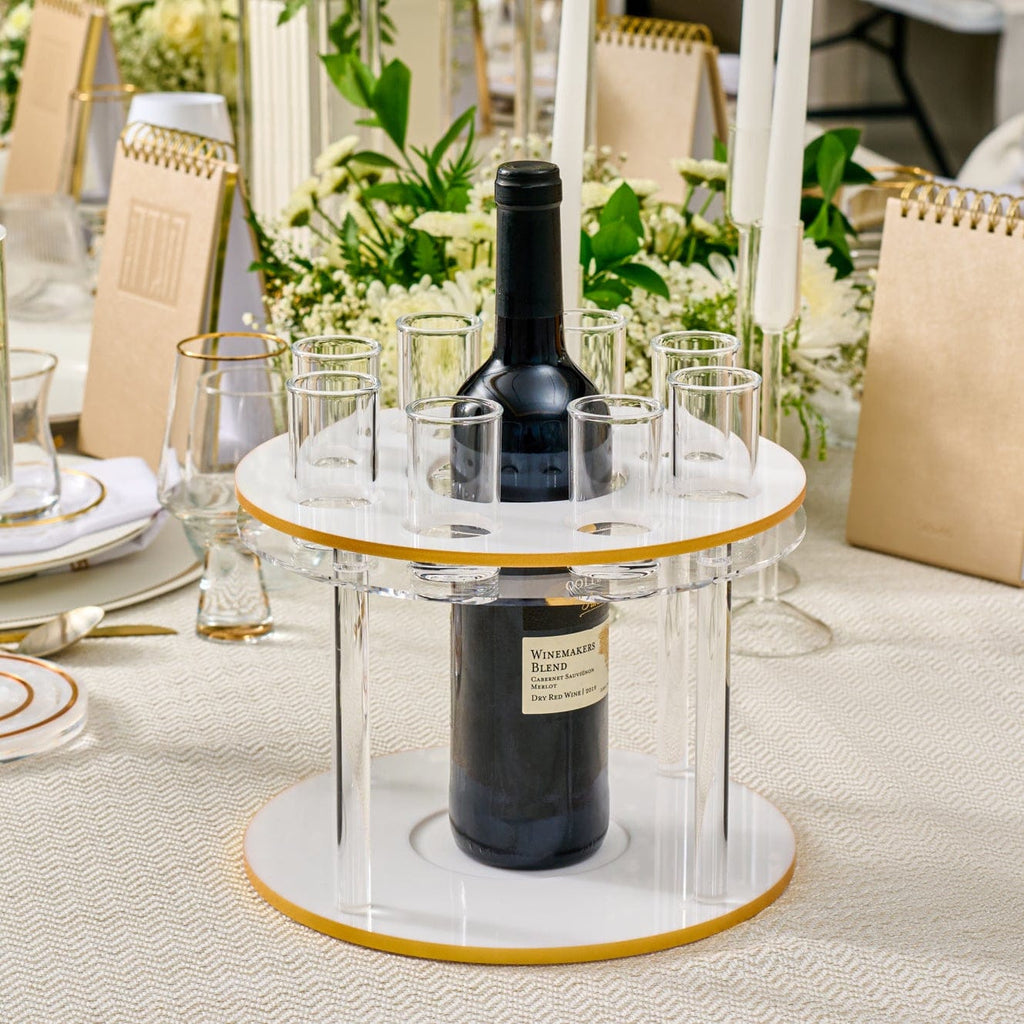 Classic round liquor set featuring a sleek acrylic stand with gold accents, central bottle holder, and multiple shot glass compartments.