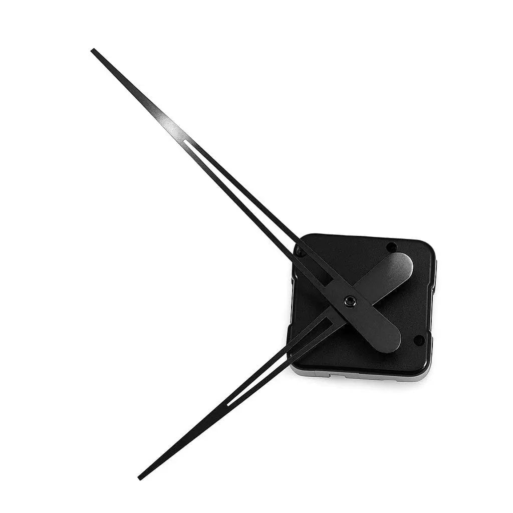 Black clock mechanism replacement with metal hands and quartz movement hardware for DIY clock repair projects