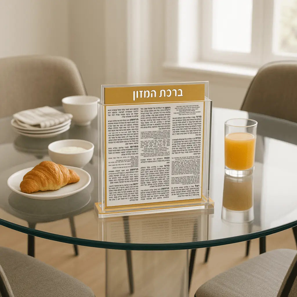 Gold and silver shimmer colored base benchers displayed on round table with challah and juice for Shabbat dinner setup.