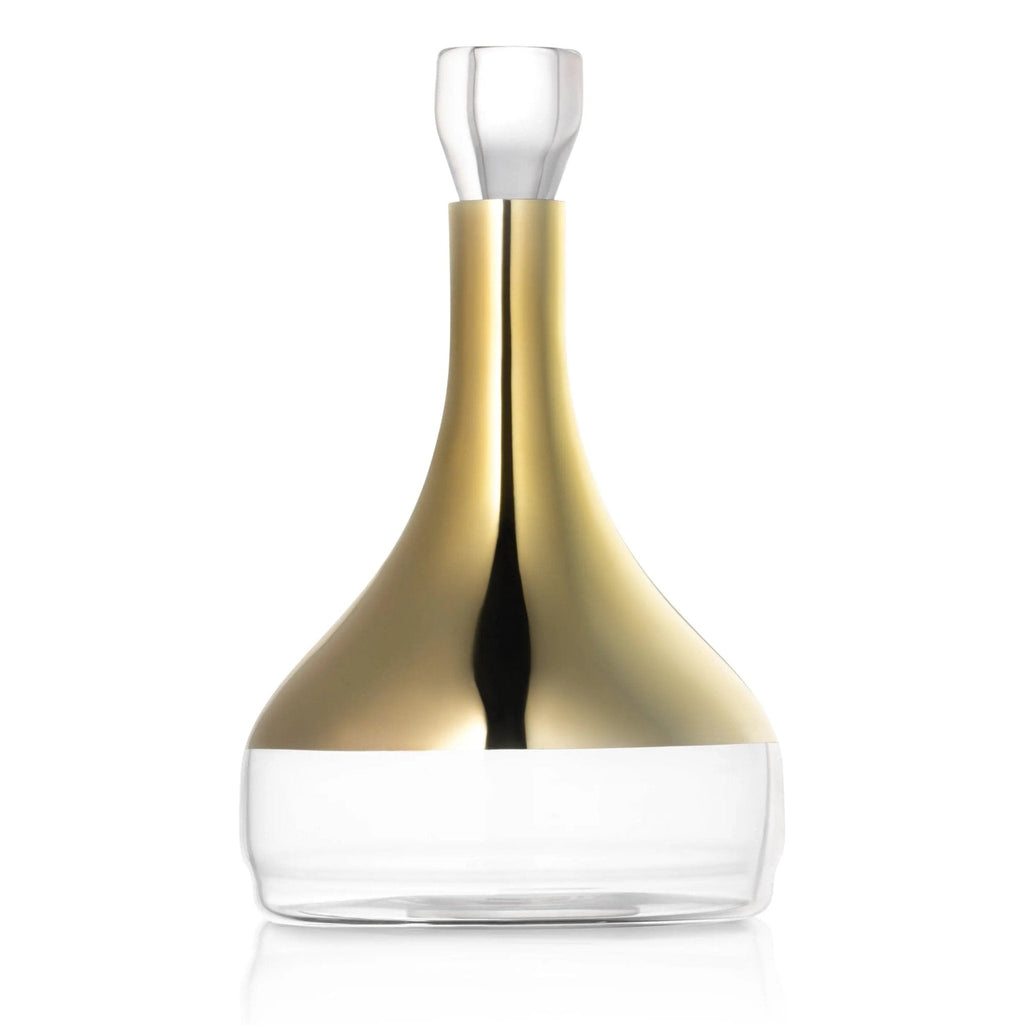 Contemporary white wine decanter with gold accents and stopper, featuring a modern geometric silhouette design