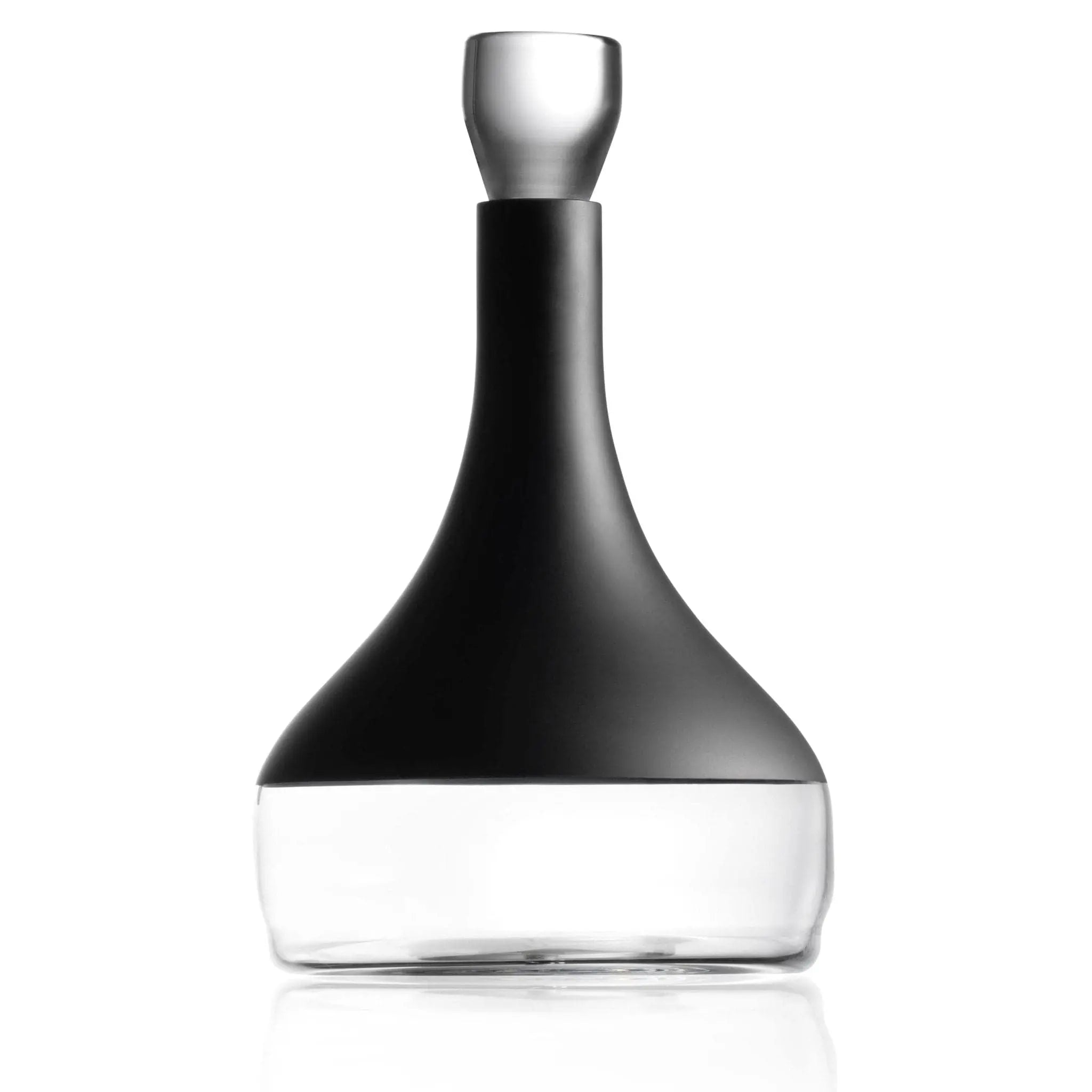 Contemporary wine decanter with sleek black cone-shaped bowl and clear glass base, topped with stainless steel stopper