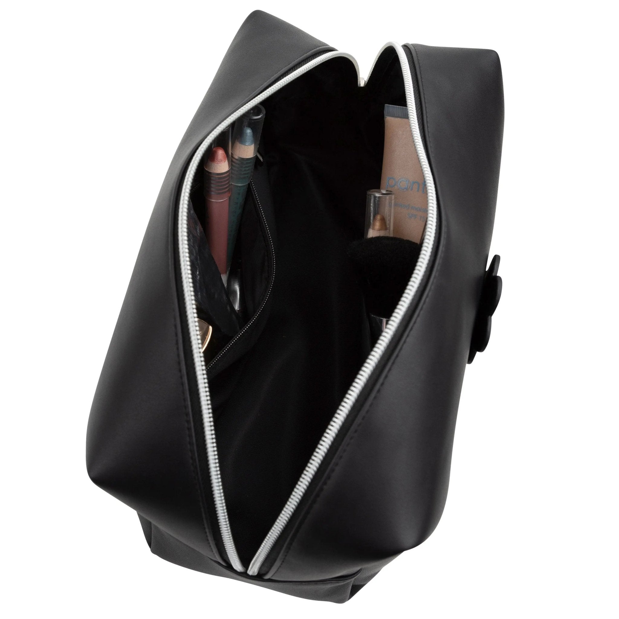 Black leather cosmetic bag with white zipper detail and carrying handle, shown open to display interior compartment