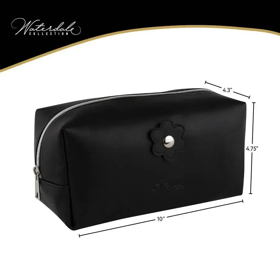 Black leather cosmetic bag by Waterdale Collection with rounded corners and silver-toned hardware, shown against white background.