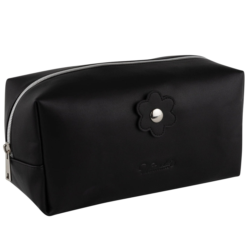 Black leather cosmetic bag by Waterdale Collection with top handle and snap closure, displayed against white background.