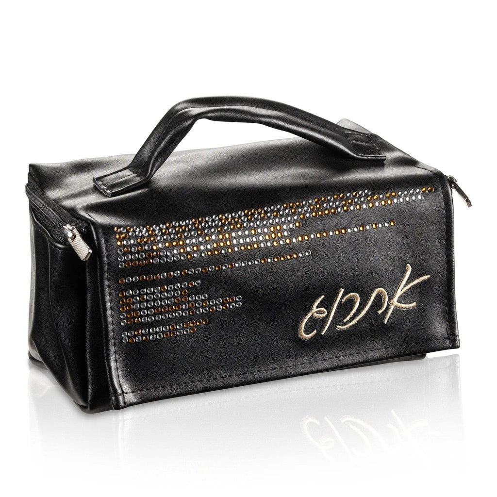 Black crystal leather Esrog bag with handle by Waterdale Collection, featuring decorative studs and text detail for Sukkot holiday storage.