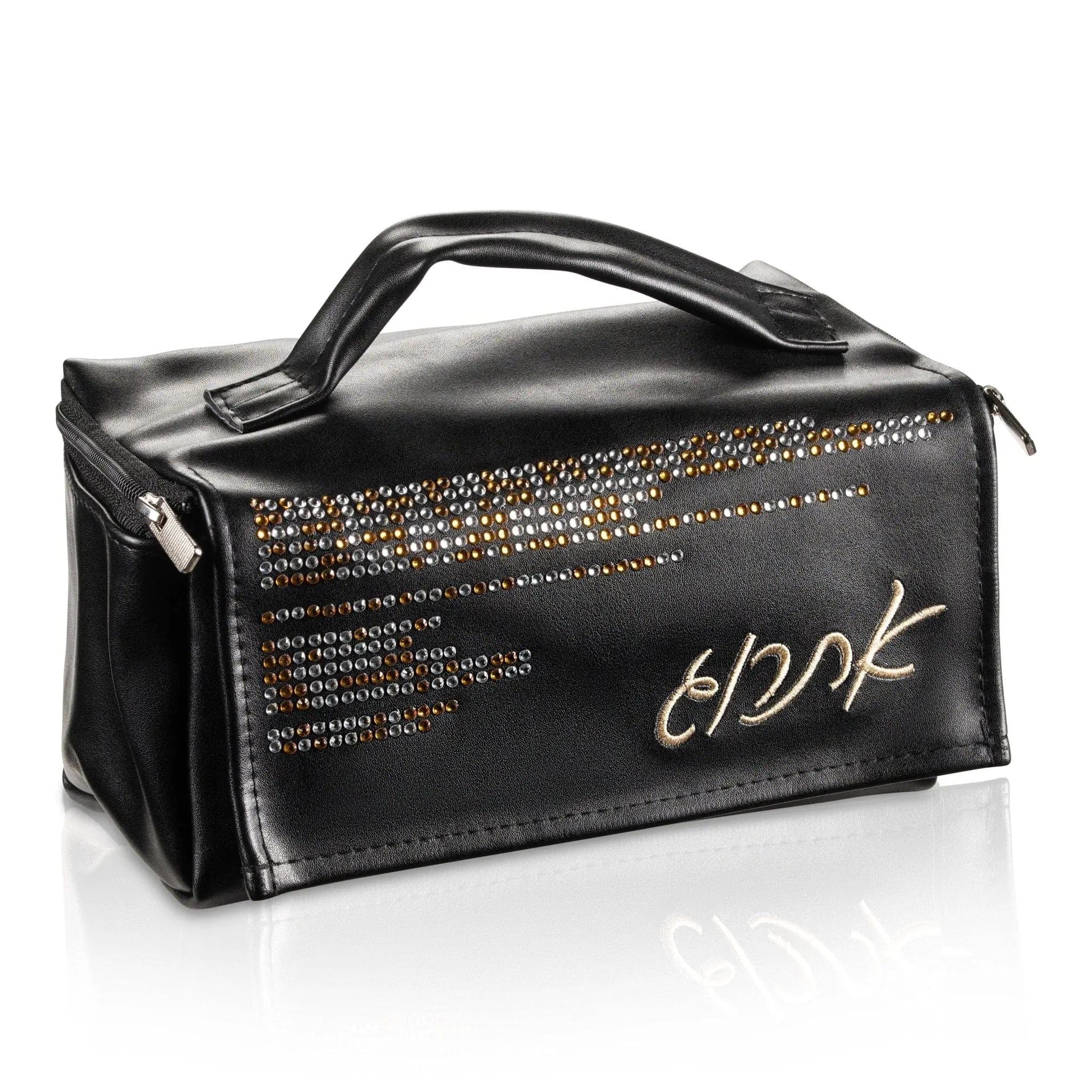 Black crystal leather Esrog bag with handle by Waterdale Collection, featuring decorative studs and text detail for Sukkot holiday storage.