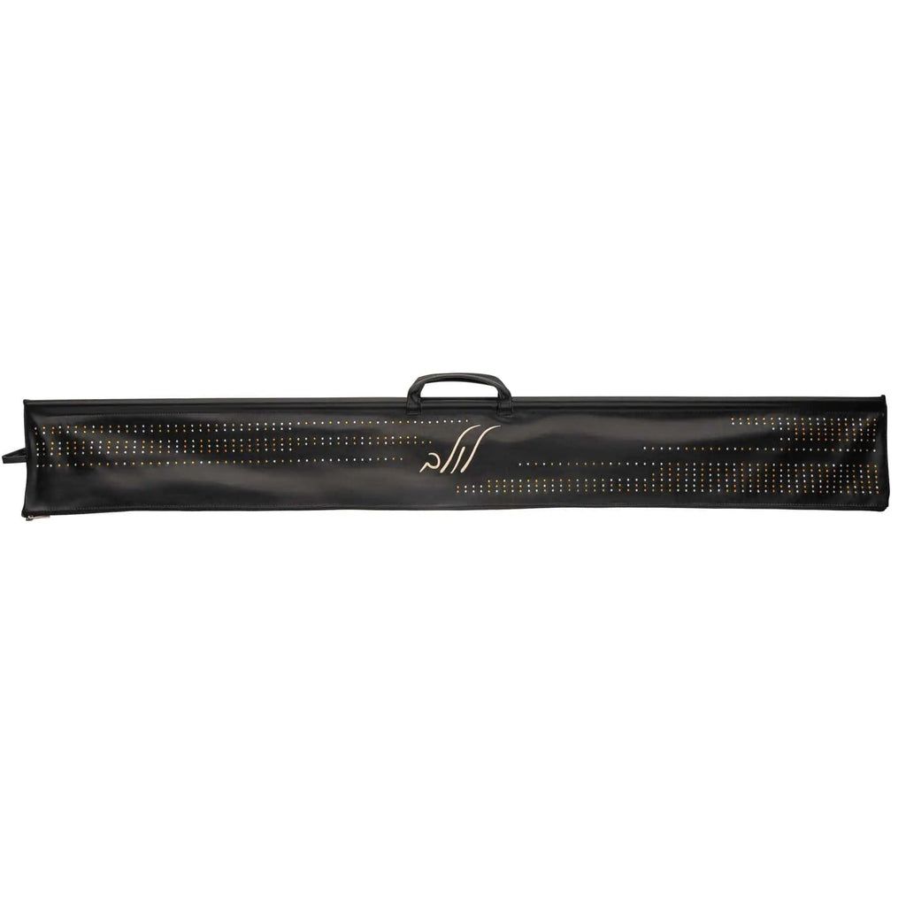Black leather lulav case with handle by Waterdale Collection, designed for storing and carrying palm fronds during Sukkot holiday celebrations.