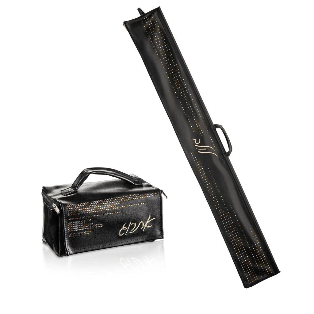 Black leather lulav case with handle by Waterdale Collection, displayed closed and open to show interior compartment for holiday storage.