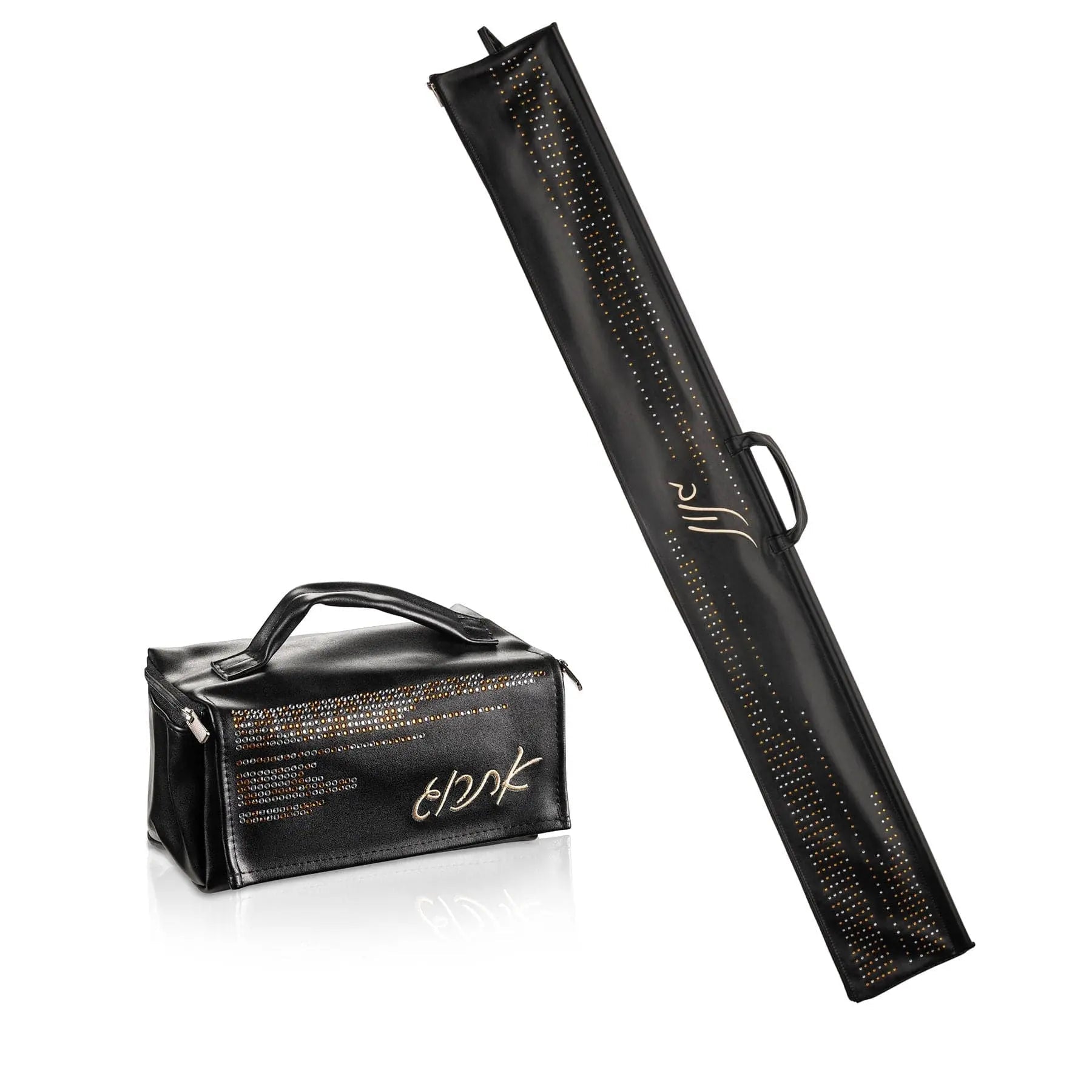 Black leather lulav case with handle by Waterdale Collection, displayed closed and open to show interior compartment for holiday storage.