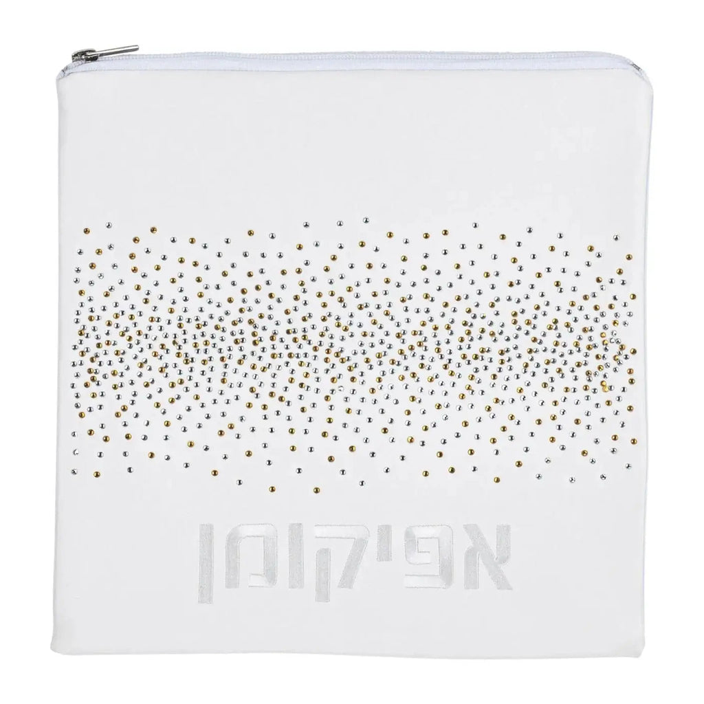 White leather Crystal Pesach Set with scattered crystal embellishments across the front, featuring minimalist design and zipper closure from Waterdale Collection.