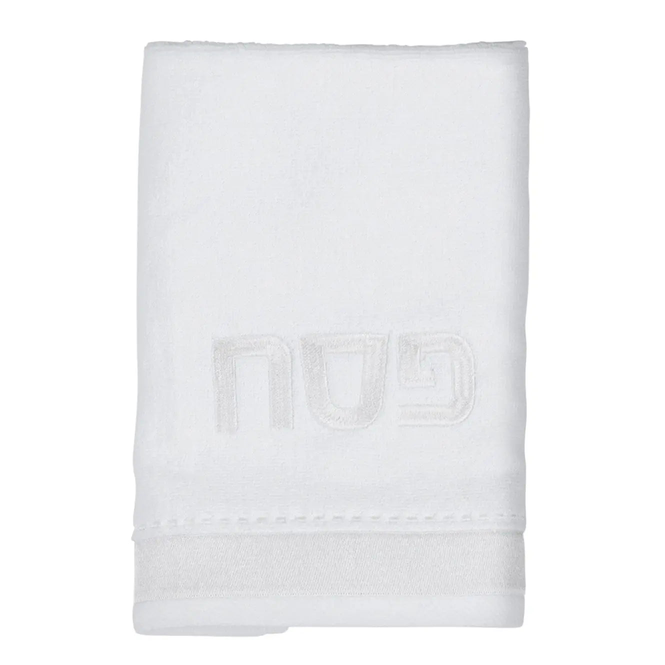 White Crystal Pesach Set by Waterdale Collection with embossed branding on soft towel material.