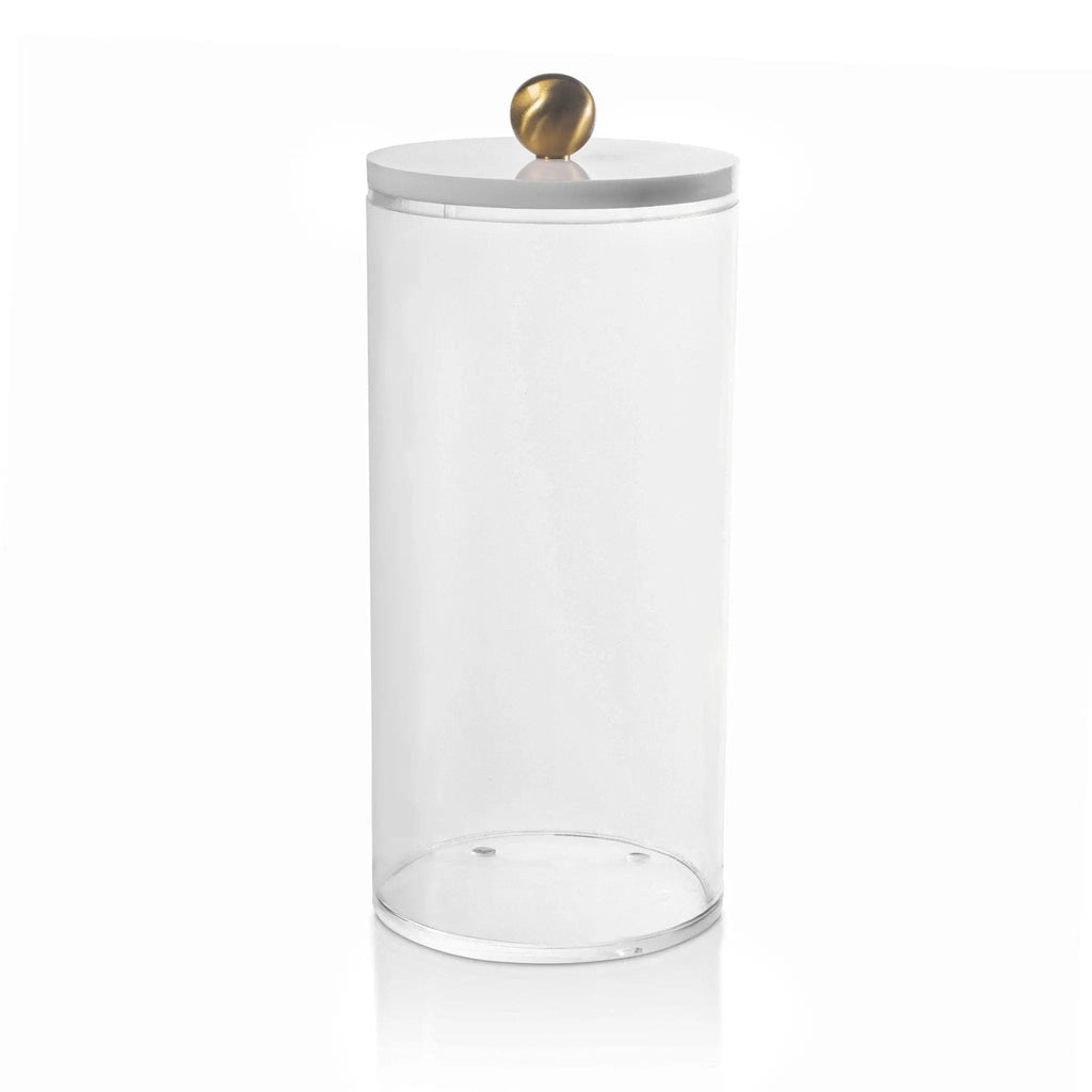 Clear glass cylinder canister with white lid and brass knob, large serveware storage container from Waterdale Collection.