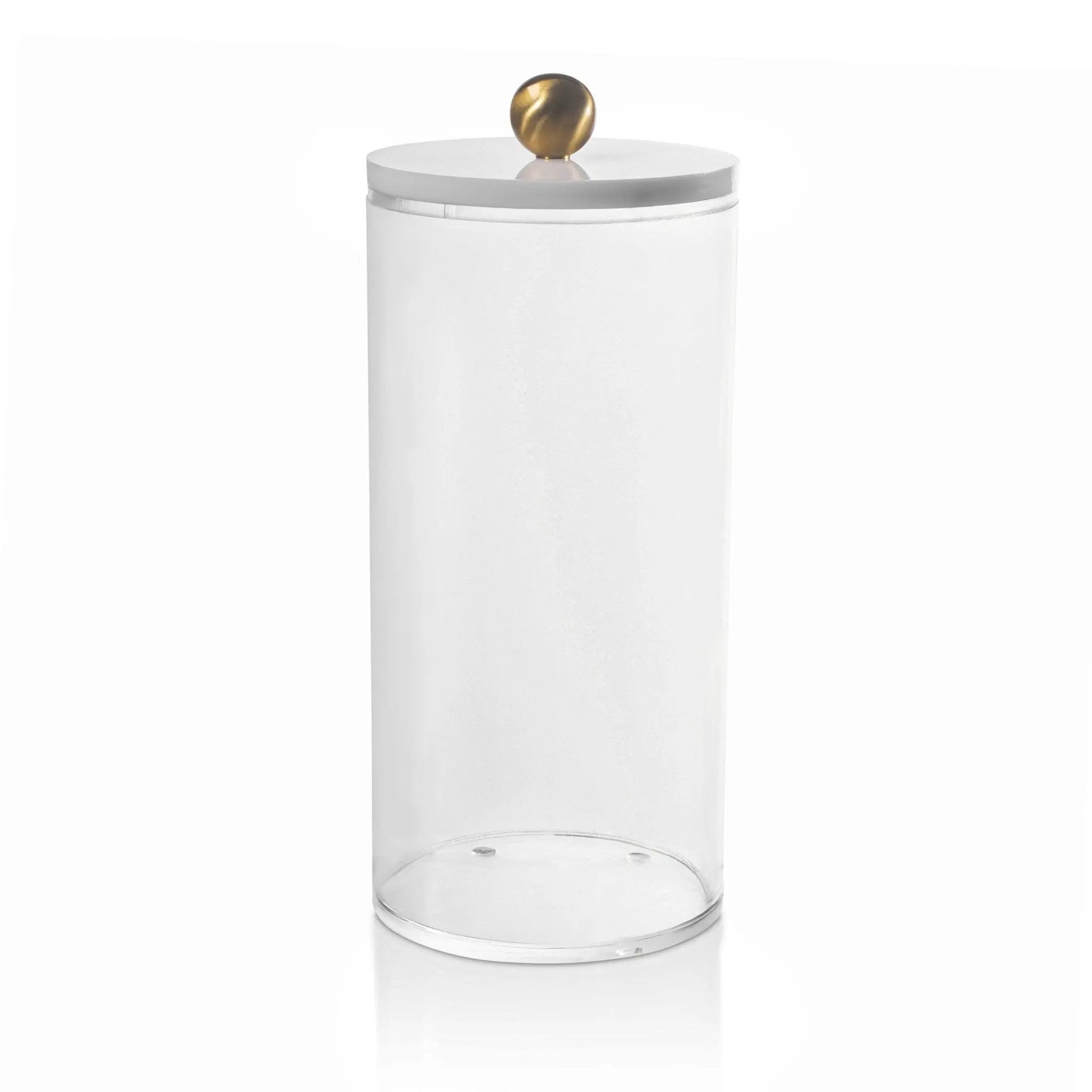 Clear glass cylinder canister with white lid and brass knob, large serveware storage container from Waterdale Collection.