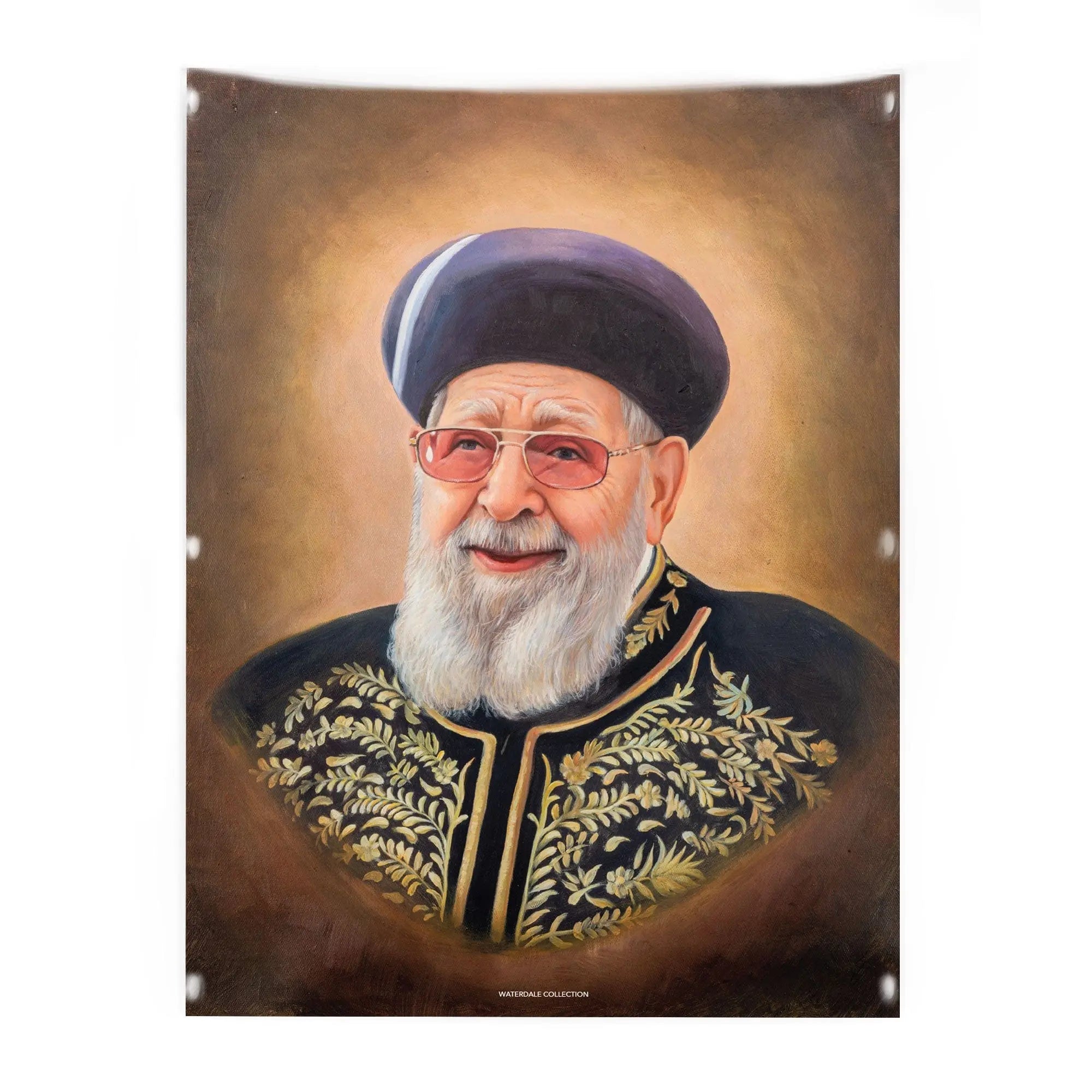 Dark Gedolim Vinyl Sukkah Decoration featuring a portrait-style design with ornate gold collar detail on warm brown background.