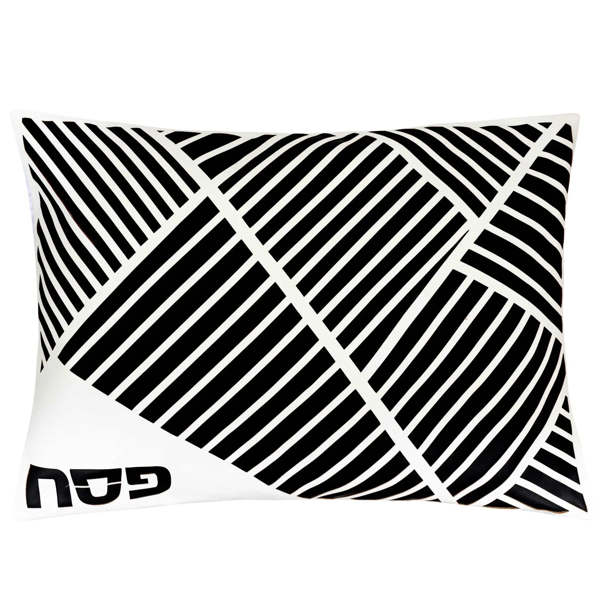 Black and white diagonal laser-cut leather Pesach set with geometric striped pattern design and Waterdale Collection branding visible.