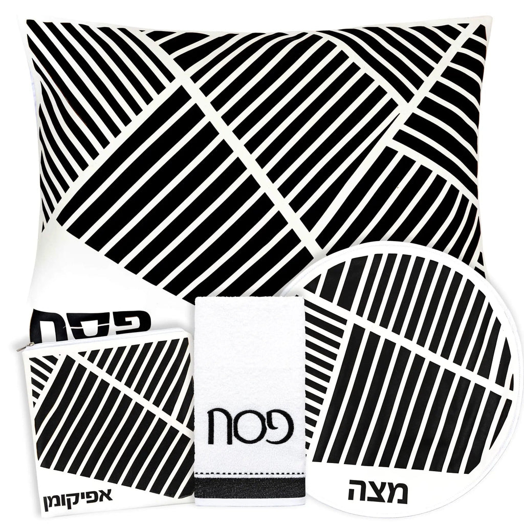 Diagonal Laser Cut Pesach Set in black leather with geometric striped pattern design from Waterdale Collection