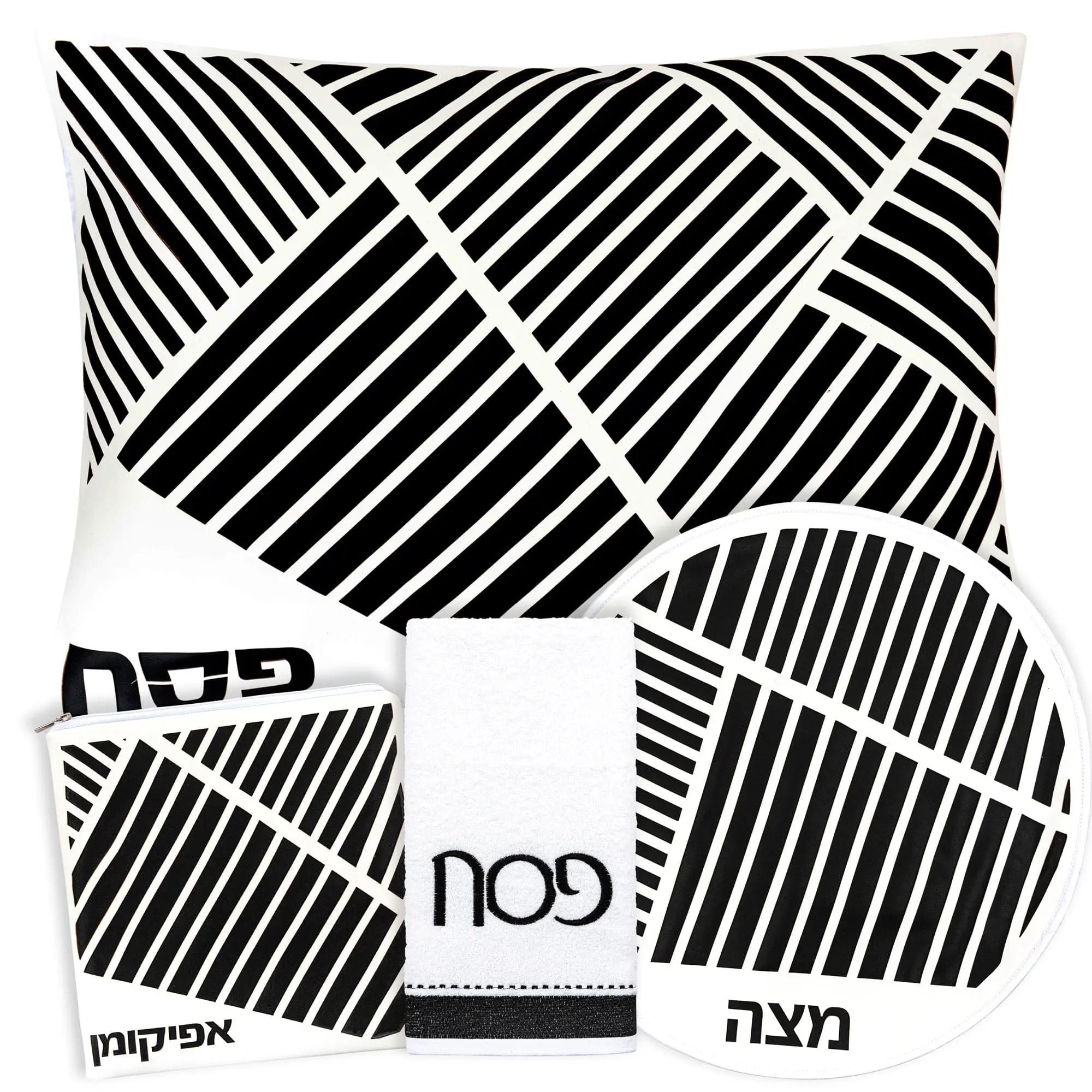 Diagonal Laser Cut Pesach Set in black leather with geometric striped pattern design from Waterdale Collection