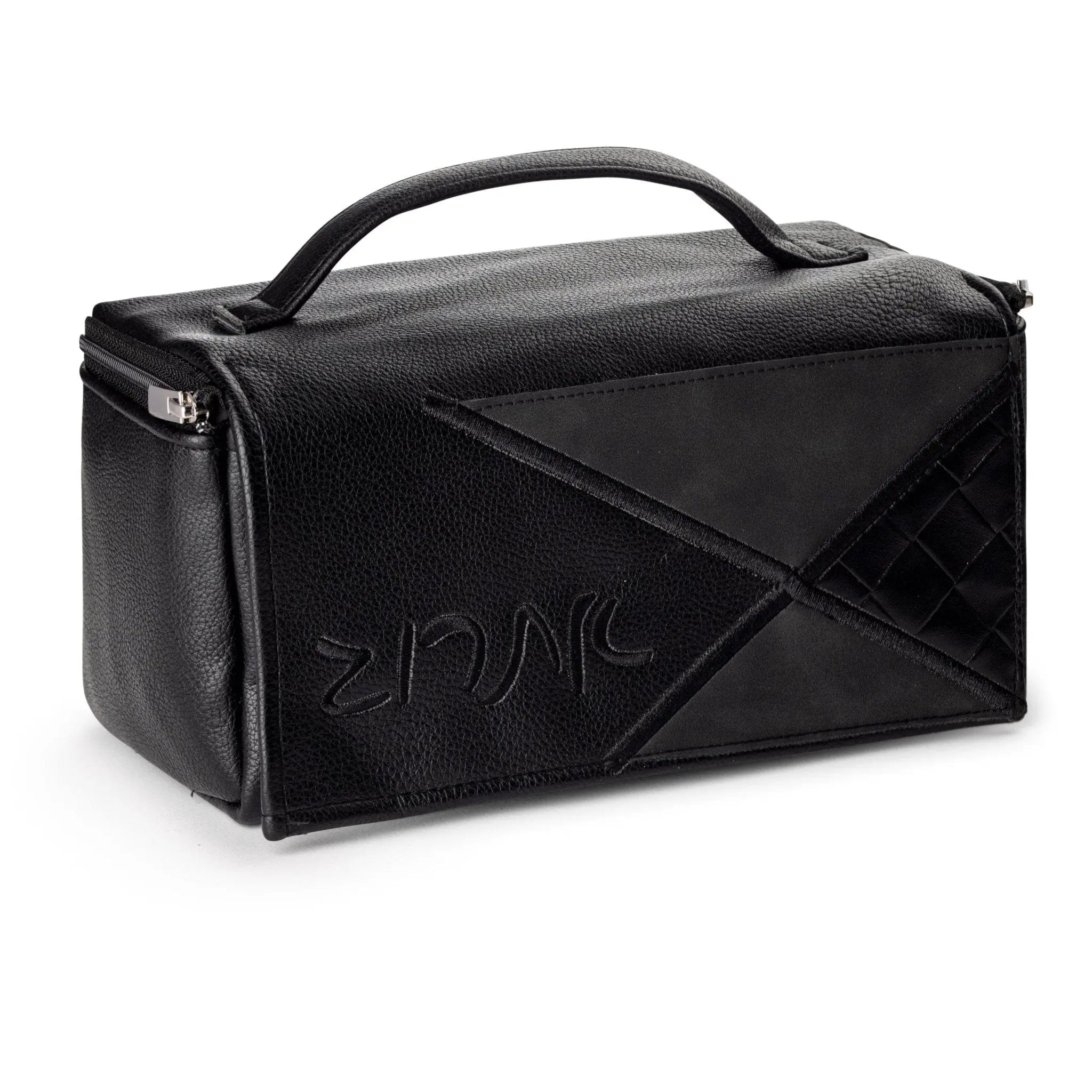 Black leather esrog bag with diagonal design and top handle, perfect for Sukkot holiday storage and bar mitzvah gifts.