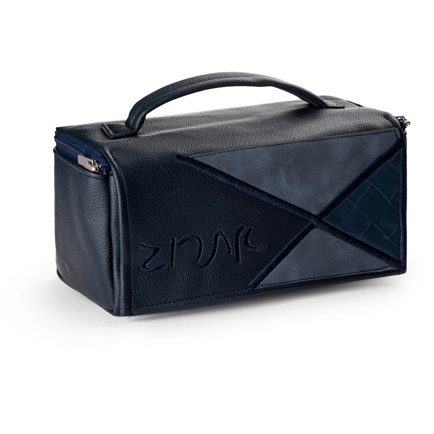 Black leather diagonal esrog bag with crosshatch quilting, top handle, and structured design for Sukkot holiday storage.