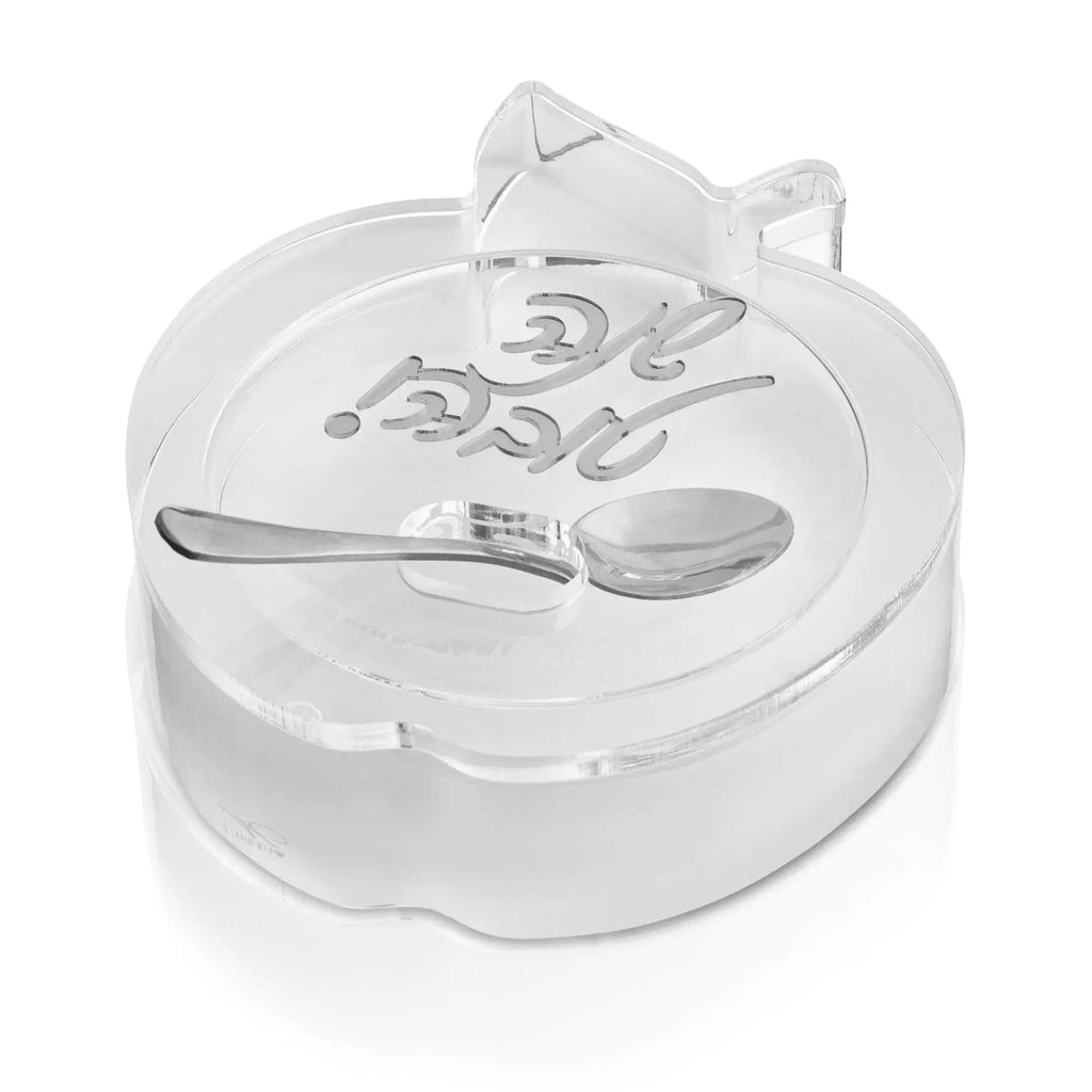 Clear acrylic apple-shaped honey dish with lid by Waterdale Collection, featuring etched apple and leaf design, tabletop judaica serving piece.