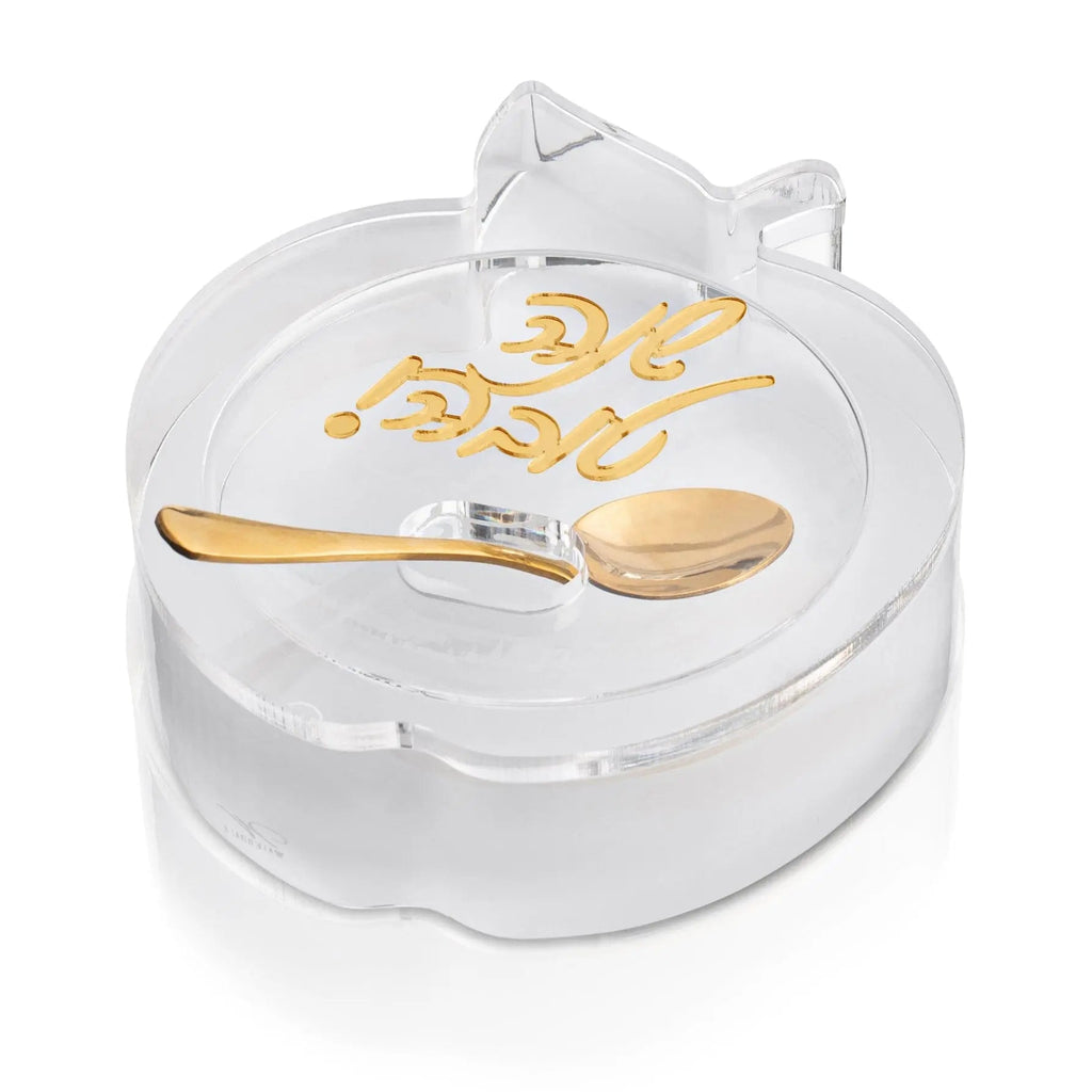 Clear glass die-cut apple honey dish with wooden dipper by Waterdale Collection, featuring golden apple design detail on lid