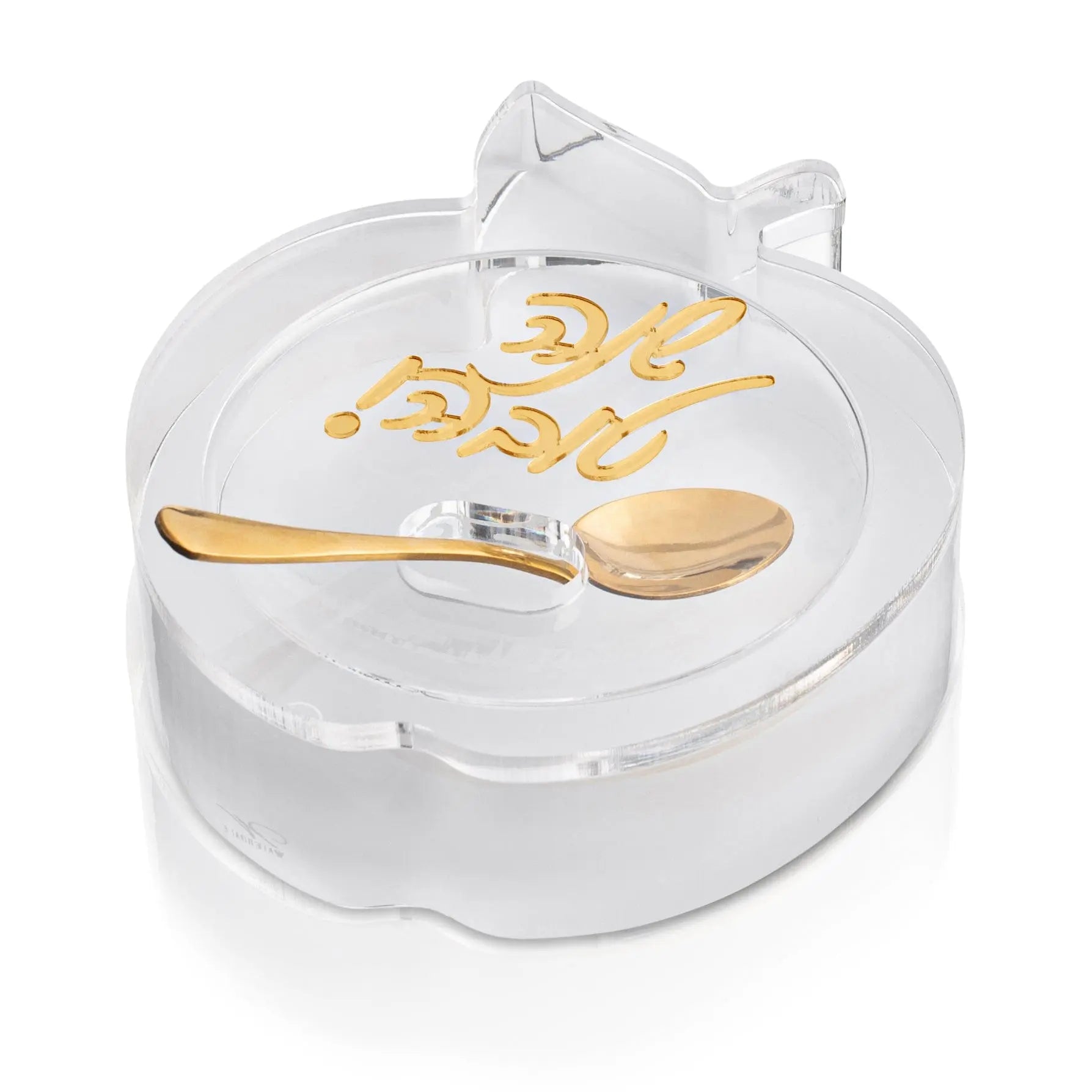 Clear glass die-cut apple honey dish with wooden dipper by Waterdale Collection, featuring golden apple design detail on lid