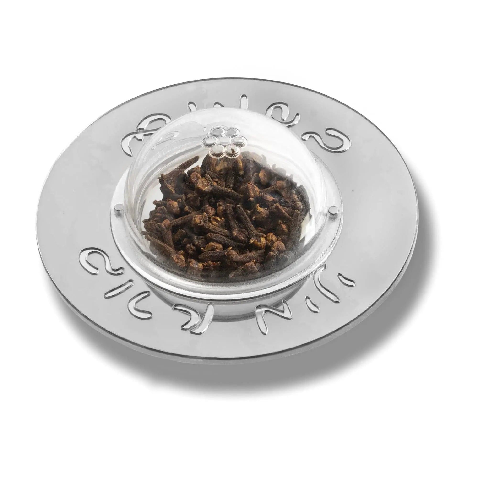 Waterdale Collection die-cut besamim holder in silver with spices inside, featuring decorative Hebrew text border design for Shabbat