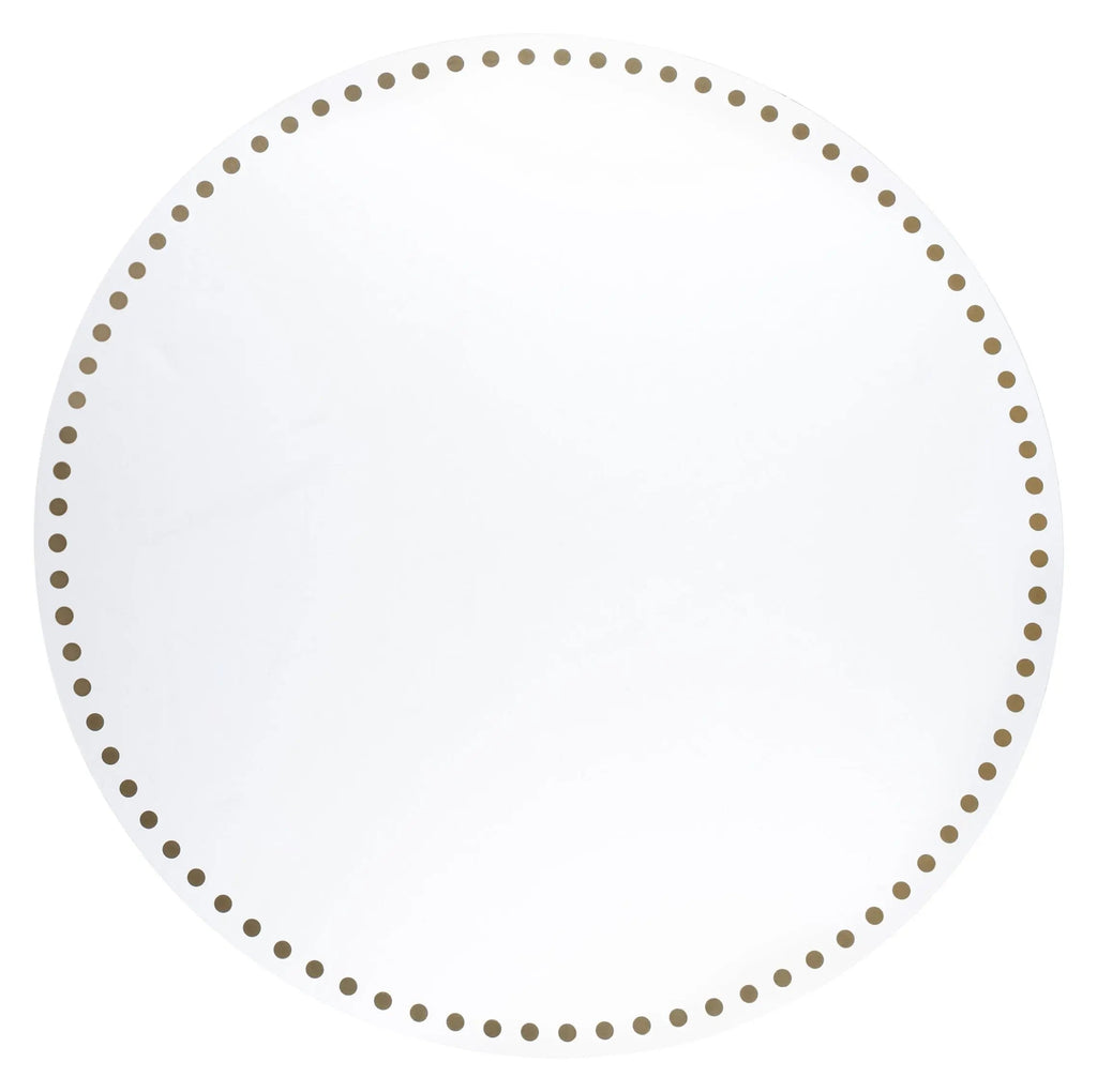 Dot Border Charger with silver dotted rim on white background, elegant table charger by Waterdale Collection.