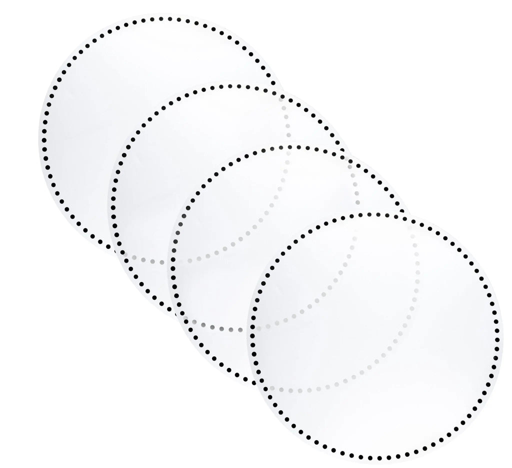 Four nested Dot Border Chargers in silver, displaying the elegant dotted rim design stacked in graduated sizes by Waterdale Collection.