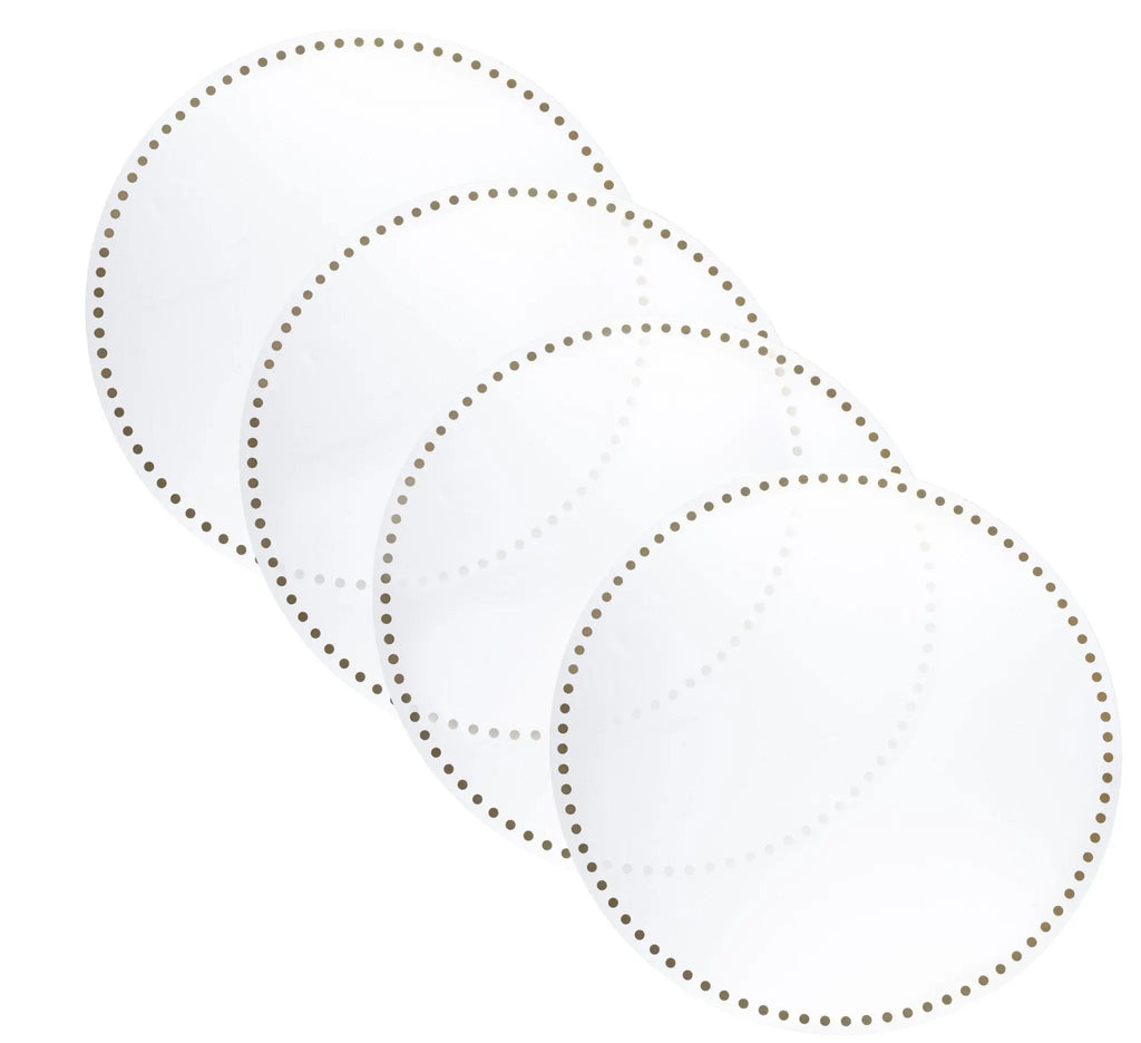 Dot Border Pesach Set with silver dotted rim design, stacked display showing four nested circular plates in white with decorative border detailing.