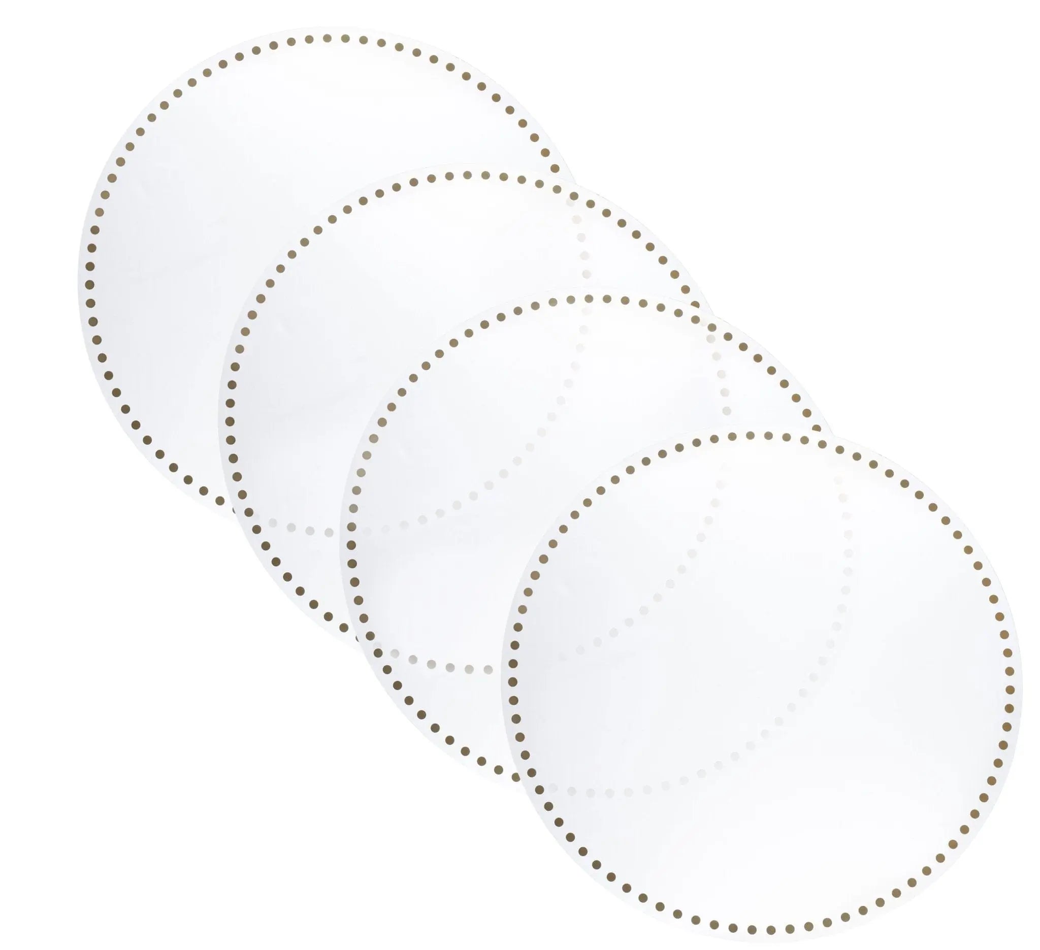 Dot Border Pesach Set with silver dotted rim design, stacked display showing four nested circular plates in white with decorative border detailing.