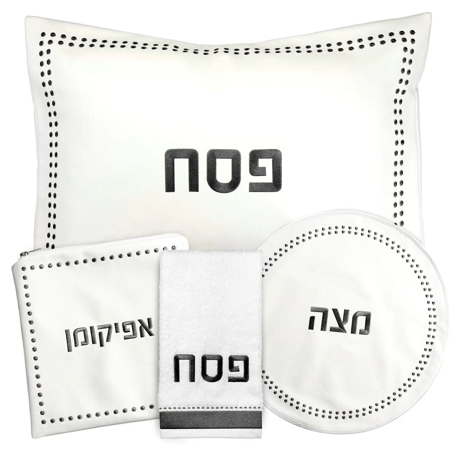 Dot Border Pesach Set with leather placemats and matching dishes featuring black dotted trim design for Passover table setting.