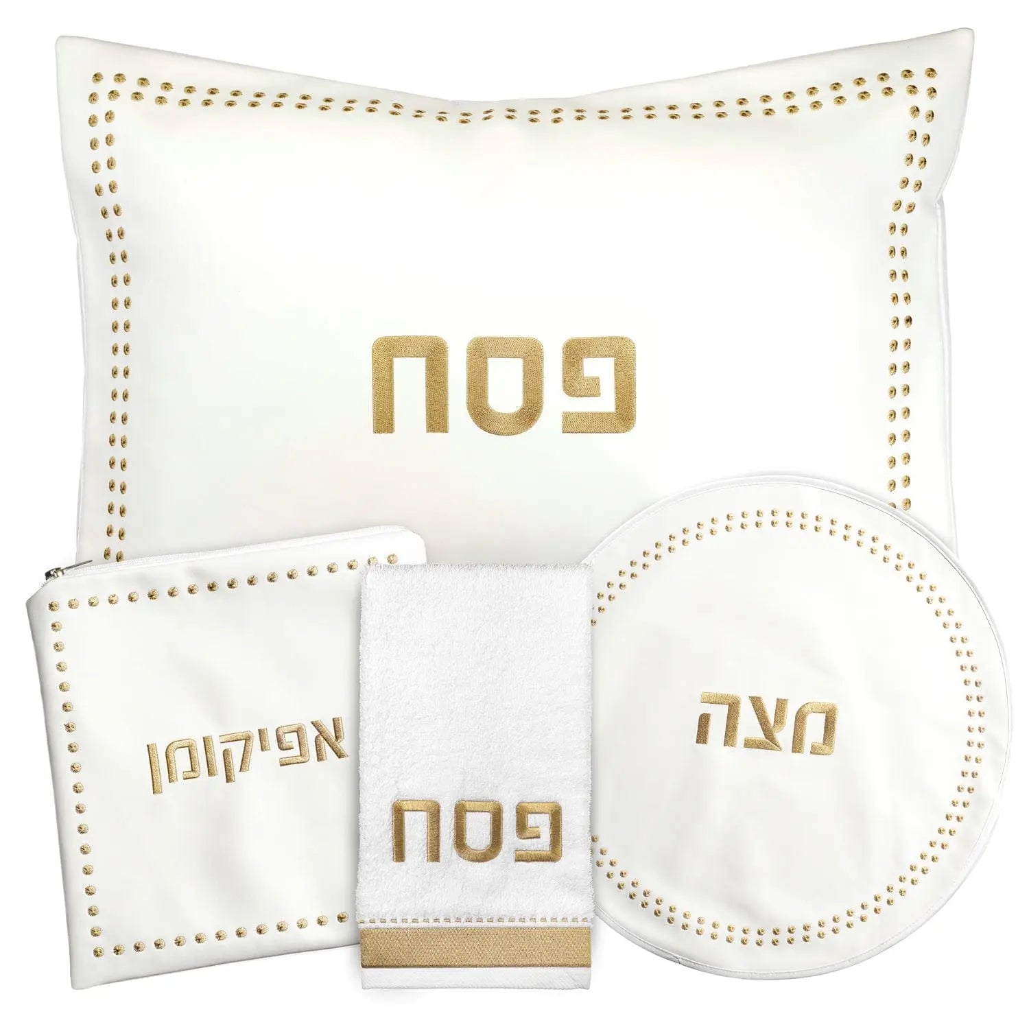 Dot Border Pesach Set with cream leather plates and bowls featuring gold Hebrew text, by Waterdale Collection