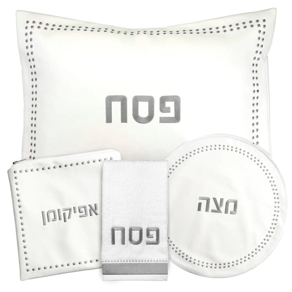 Dot Border Pesach Set in cream leather with Hebrew text labels for Passover seder plate sections and matching round bowl.