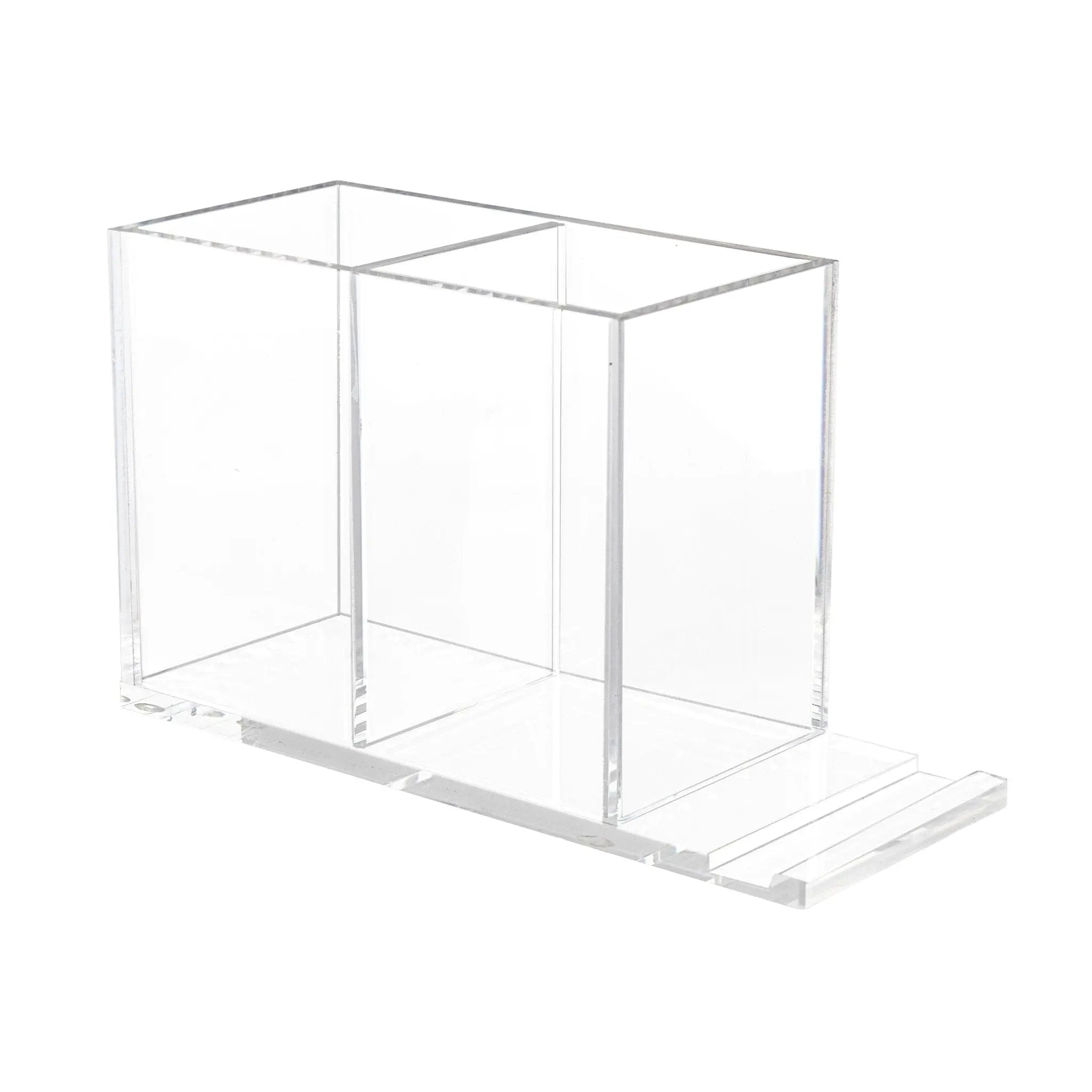 Clear acrylic double Shabbos candle holder by Waterdale Collection, featuring two compartments on a rectangular base for Shabbat candle lighting.