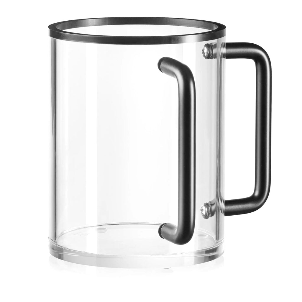 Edge Washing Cup in clear glass with black stainless steel rim and dual handles for bathroom or tabletop use.
